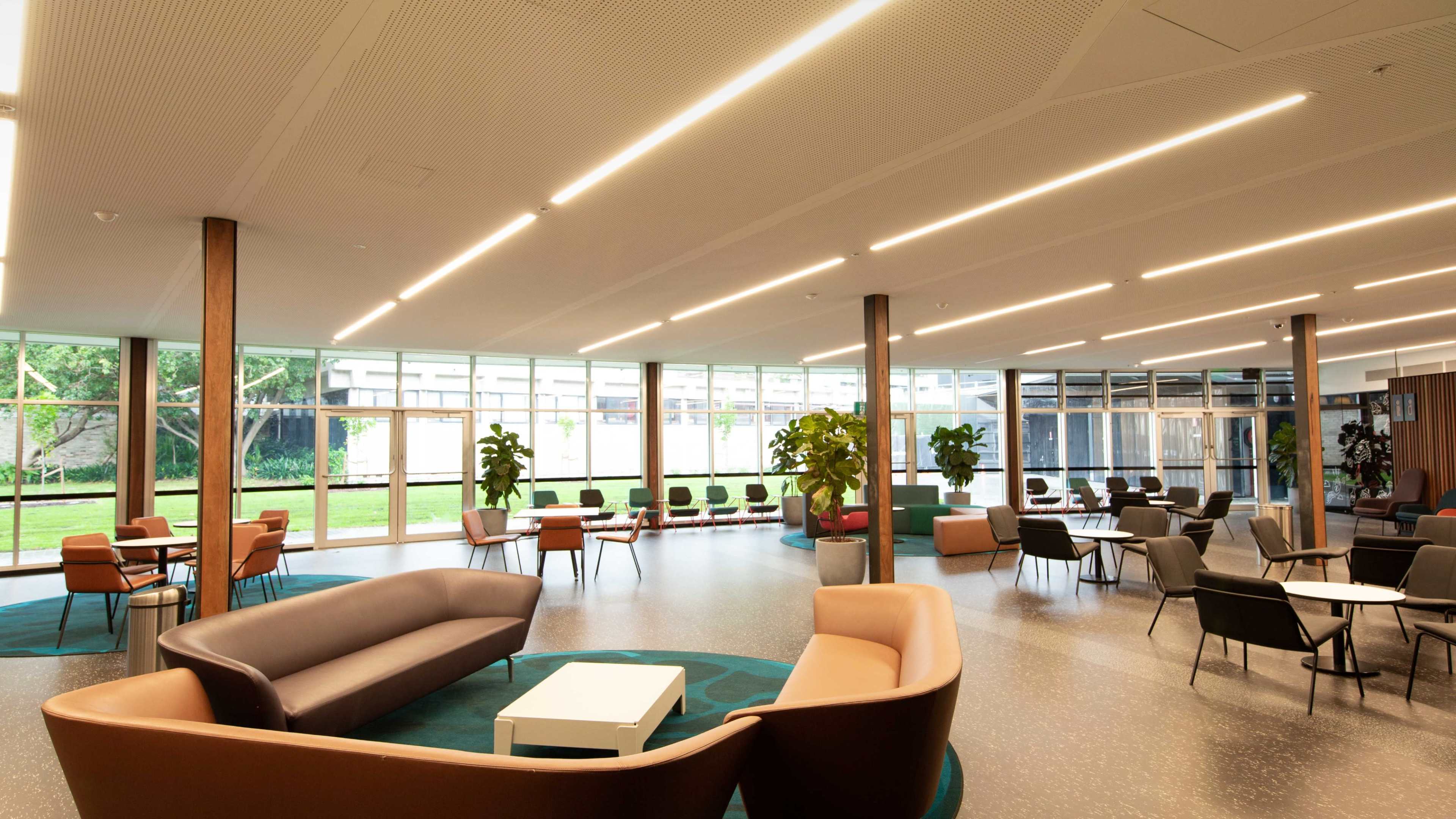 A modern lounge area featuring several comfortable seating arrangements, large windows, and indoor plants.