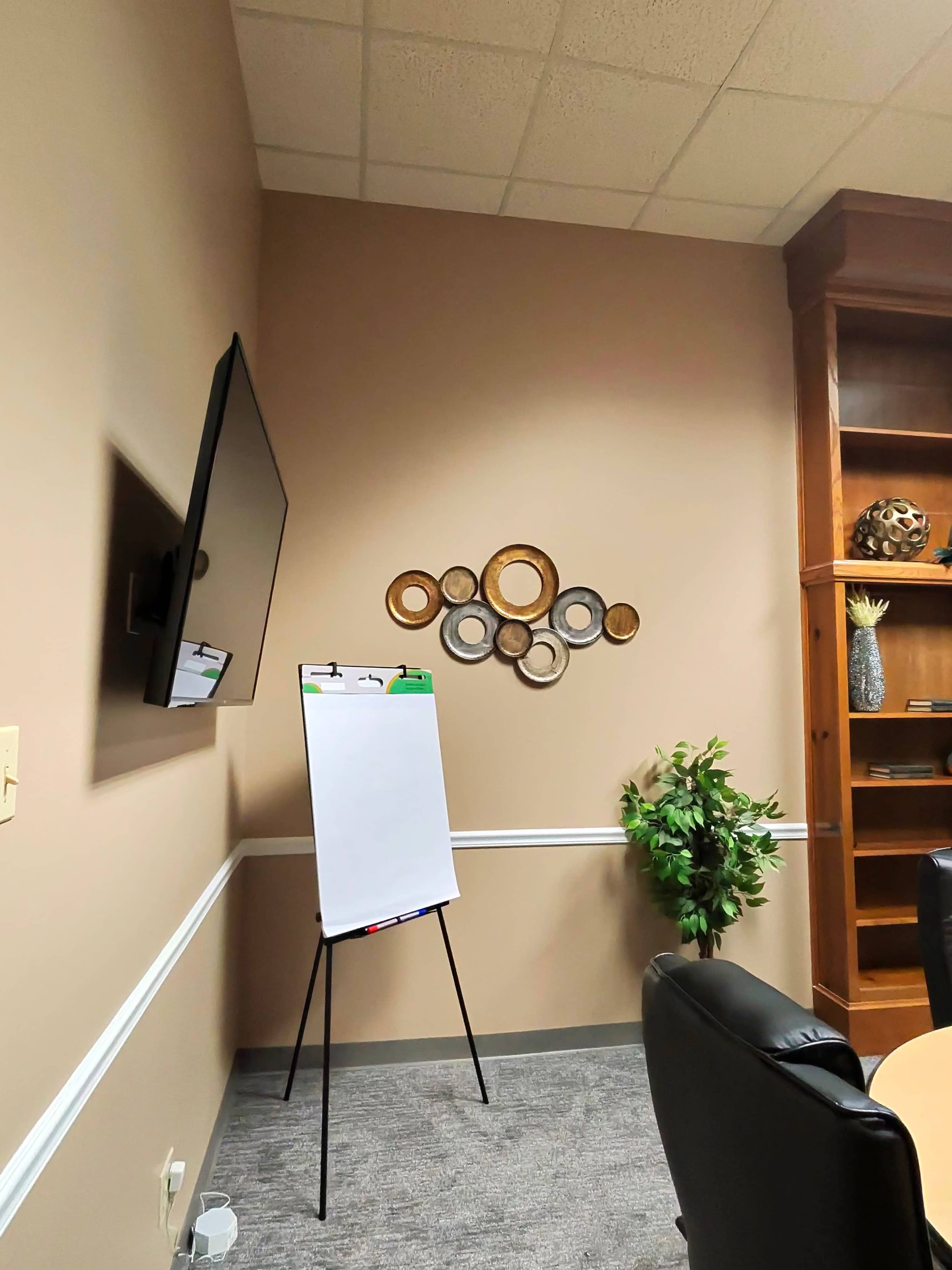 The image shows a meeting room with a television mounted on the wall, a whiteboard on an easel, decorative circular wall art, and a potted plant beside a wooden shelving unit.