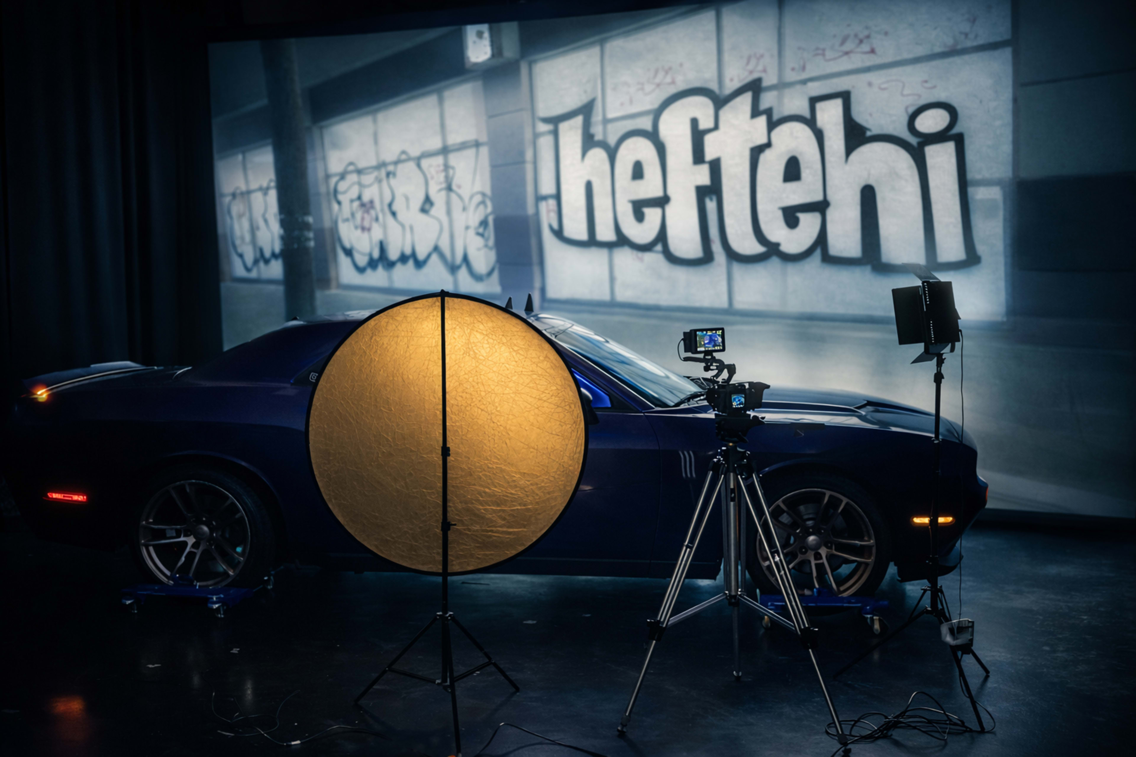 A blue car is positioned in front of a large backdrop with graffiti, while a photography setup with a reflector and camera is in the foreground.