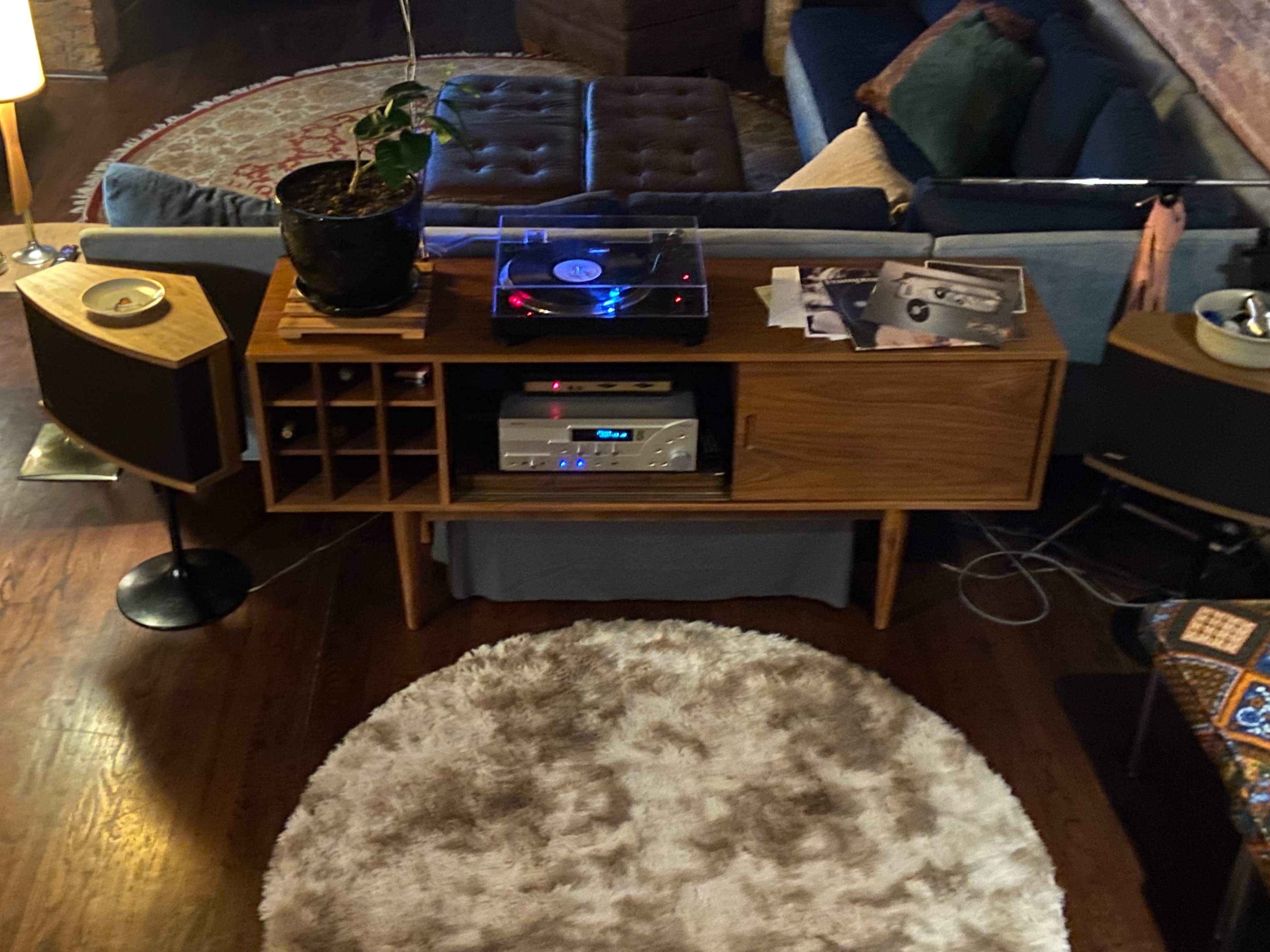 A wooden console with a record player, speakers, and a potted plant sits in a cozy living room adorned with a rug and a blue couch.