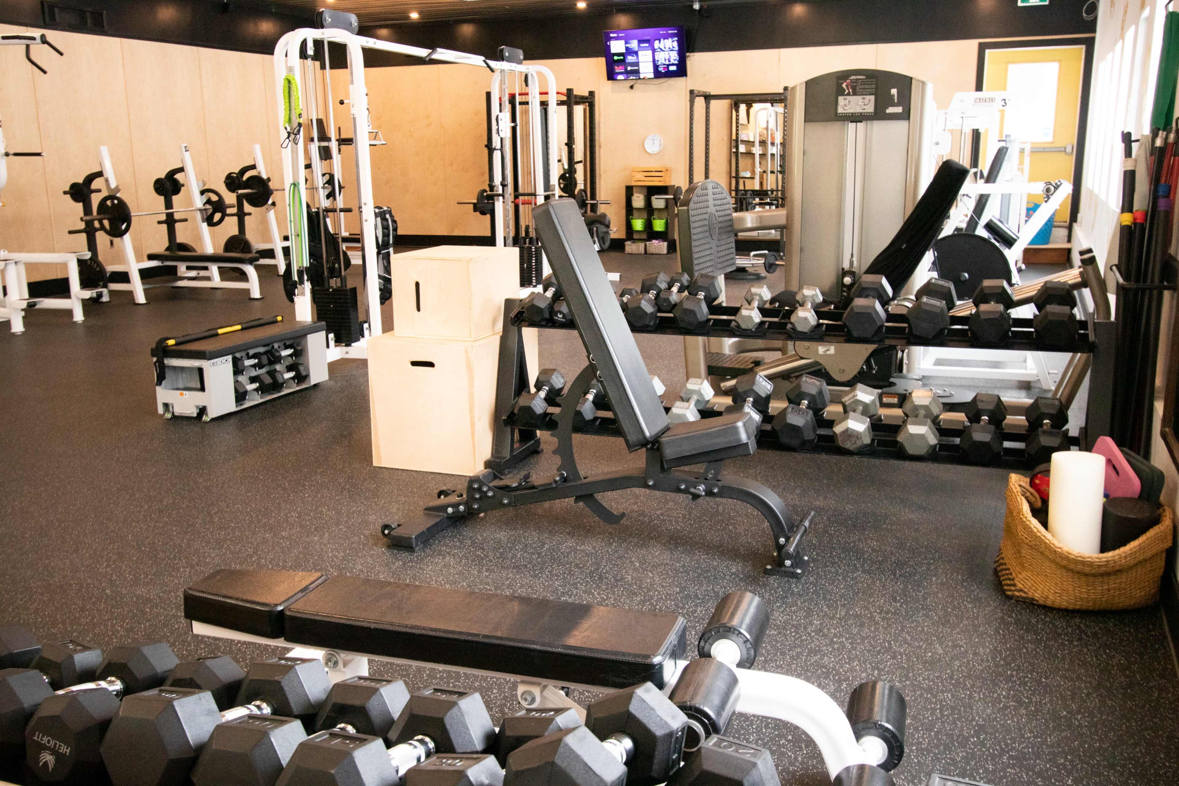 A gym interior featuring various weightlifting equipment, including dumbbells, benches, and machines arranged in an orderly manner.