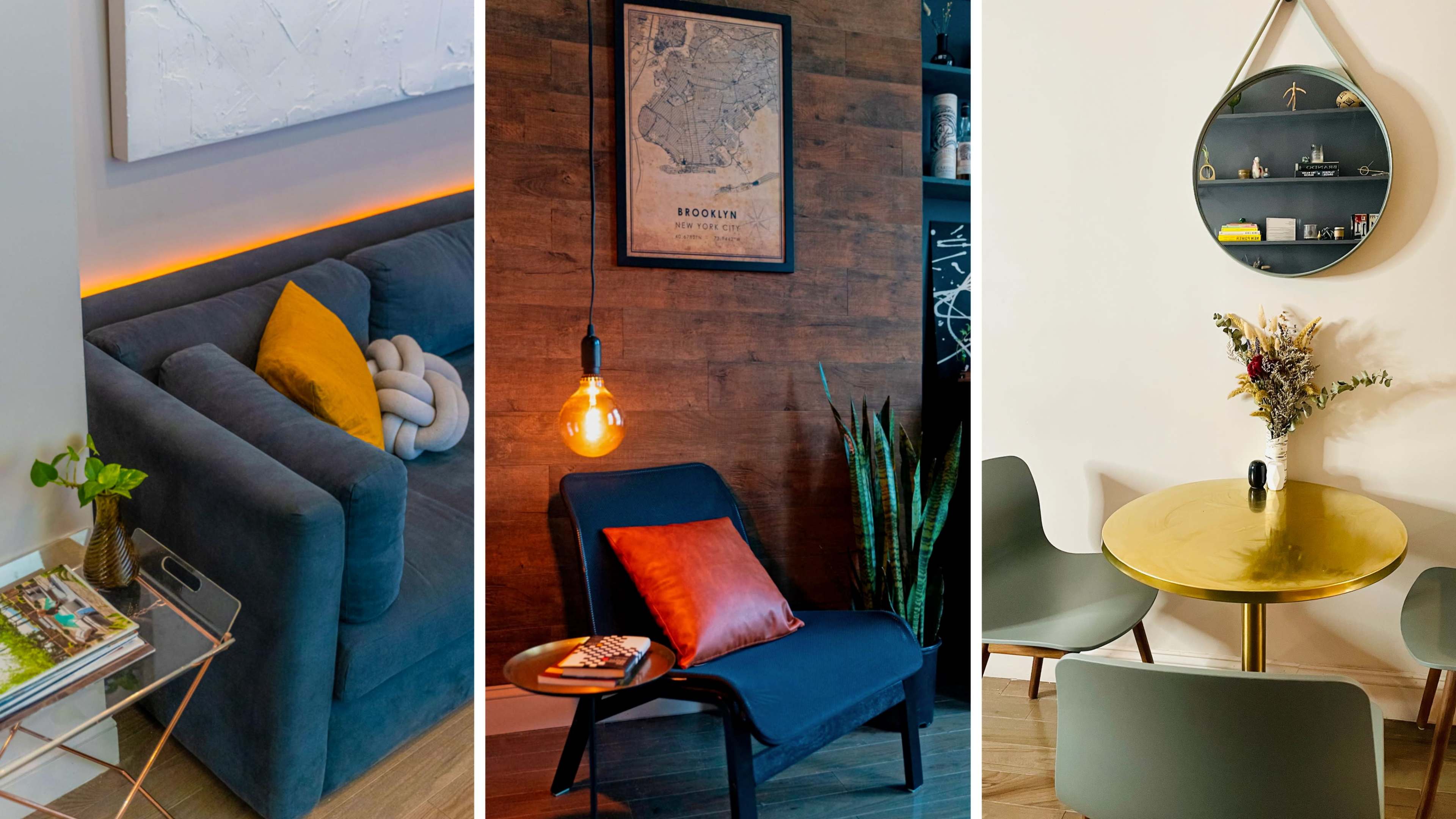 A modern interior scene with three distinct areas: a cozy seating nook with a sofa and decorative throw, a stylish lounge chair under an illuminated wall with a vintage map, and a minimalist dining setup with a round table and greenery.