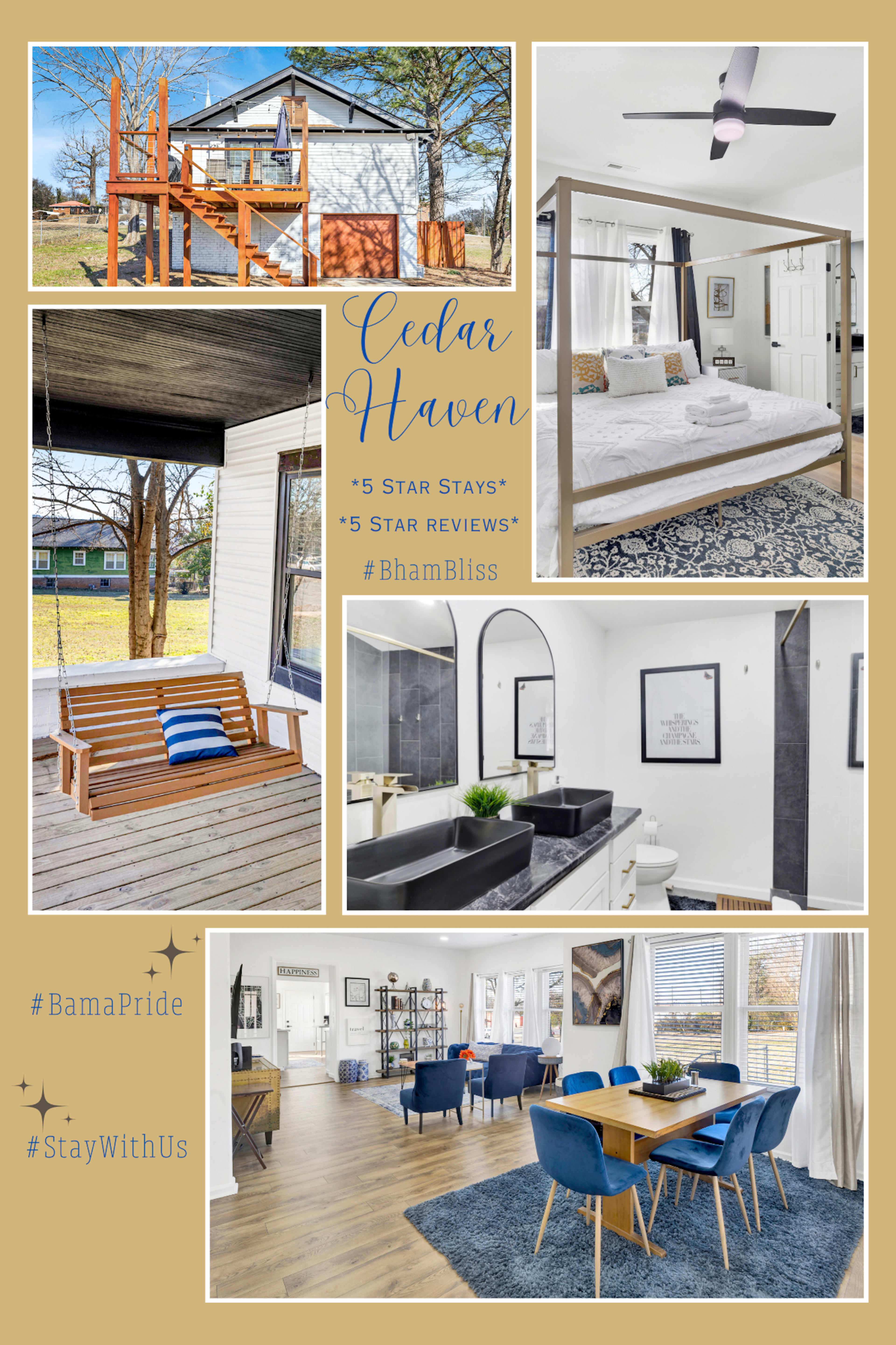 A collage of a vacation rental, featuring outdoor play equipment, a stylish bedroom with a four-poster bed, a bathroom with dual sinks, a swing on the porch, and a dining area with a blue table set.