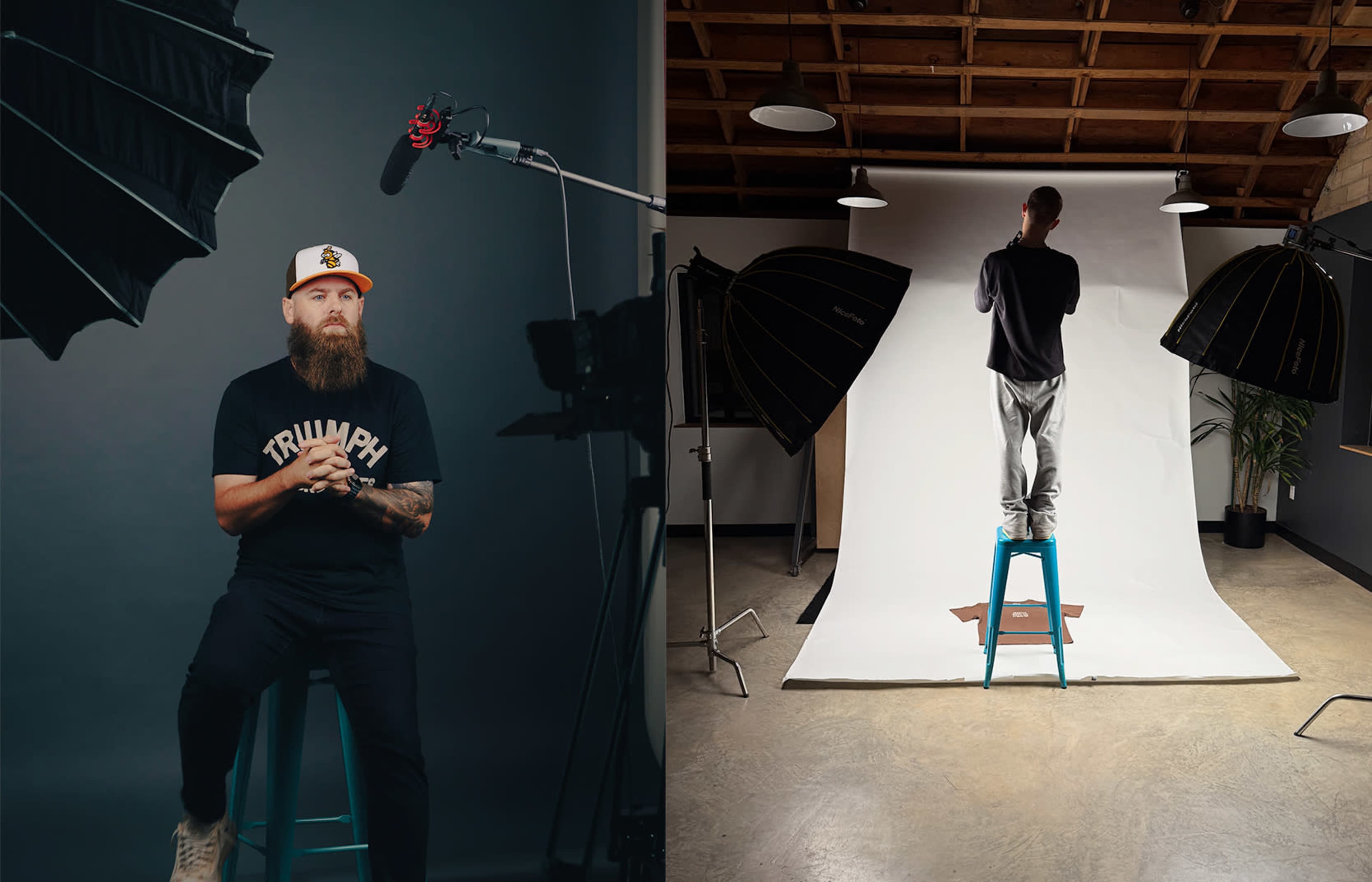 A bearded man wearing a black "TRIUMPH" t-shirt poses on a stool in a studio while another person stands on a blue stool, adjusting a backdrop in a different studio setting.