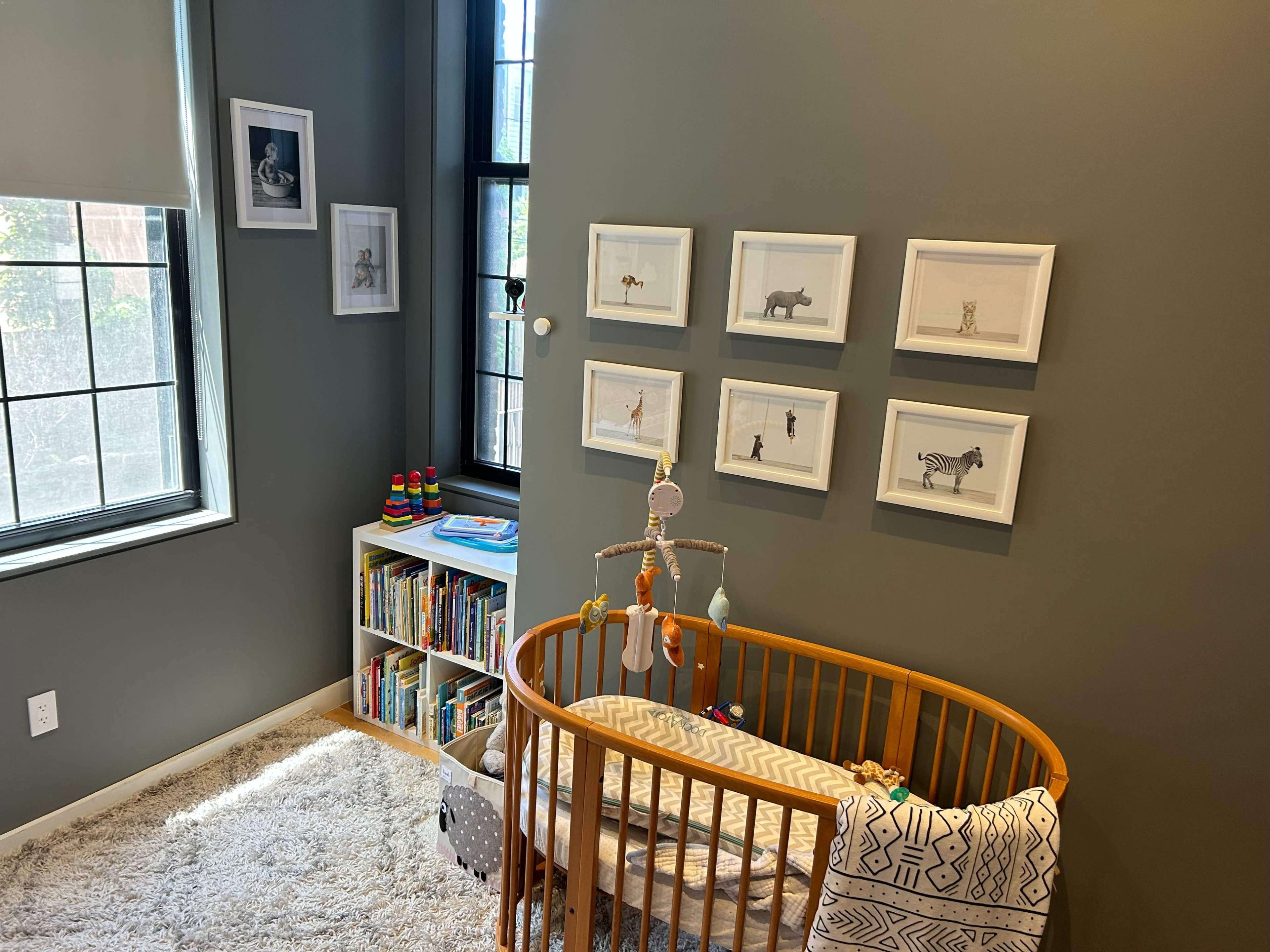 A cozy nursery features a round crib, framed animal prints on the wall, and a small bookshelf filled with children's books.