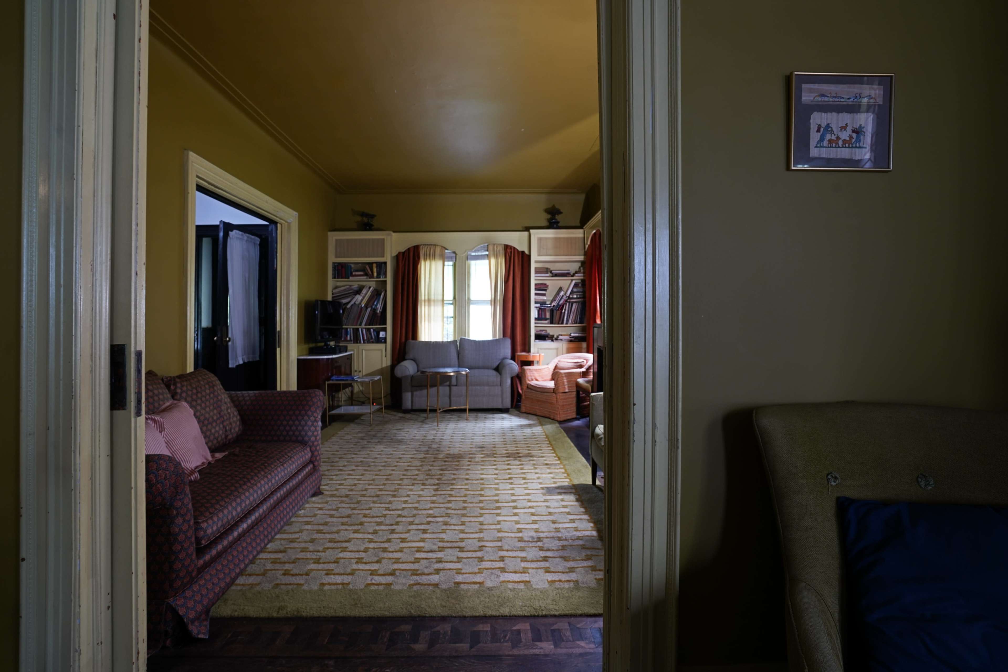 A living room viewed from a doorway, featuring a patterned rug, two sofas, and bookshelves against the walls.