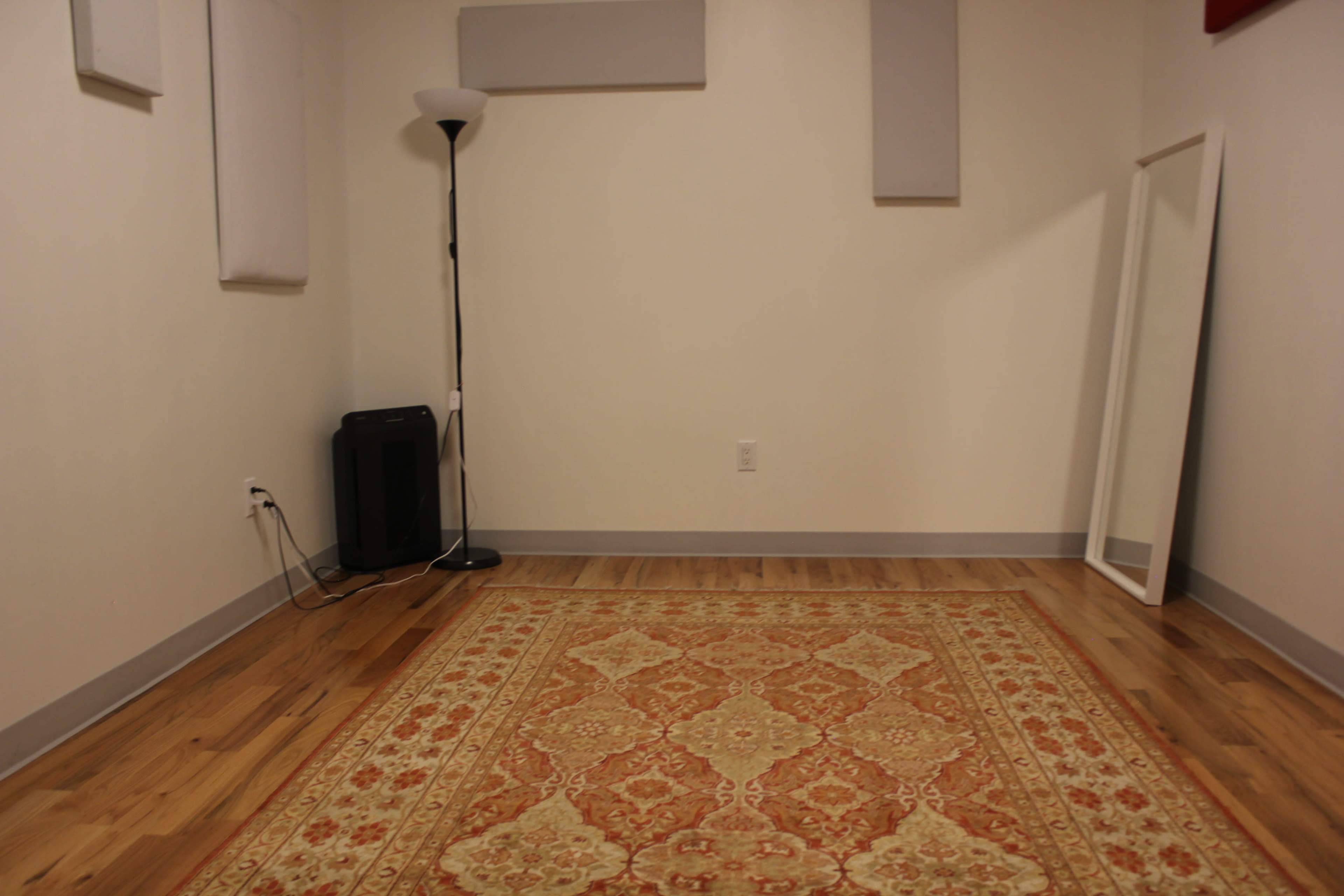 A sparsely furnished room with a wooden floor, a large patterned rug in the center, a standing lamp in the corner, and a wall-mounted mirror.