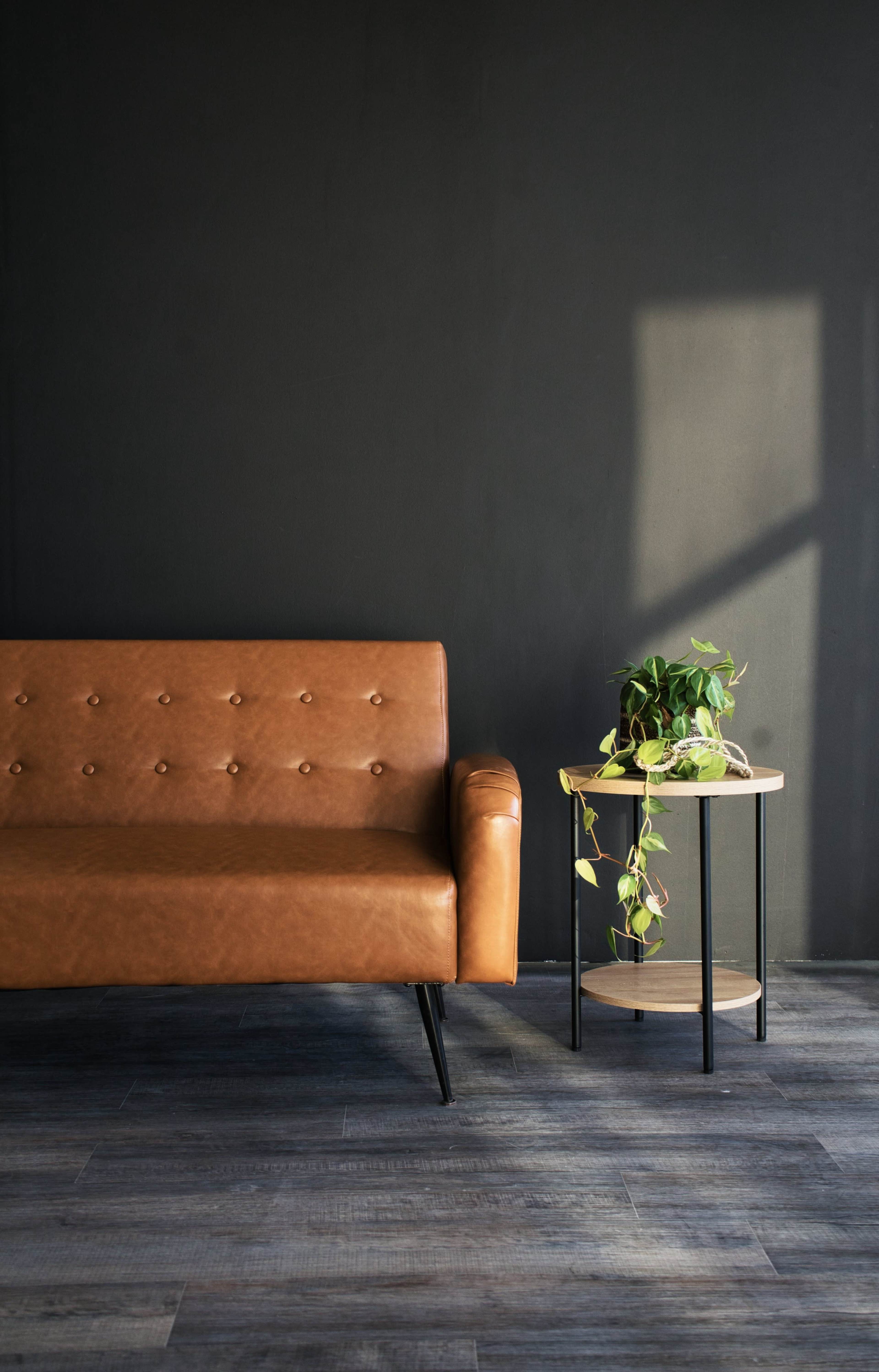 A brown leather sofa is positioned next to a small round table with a potted plant on it, against a dark wall.