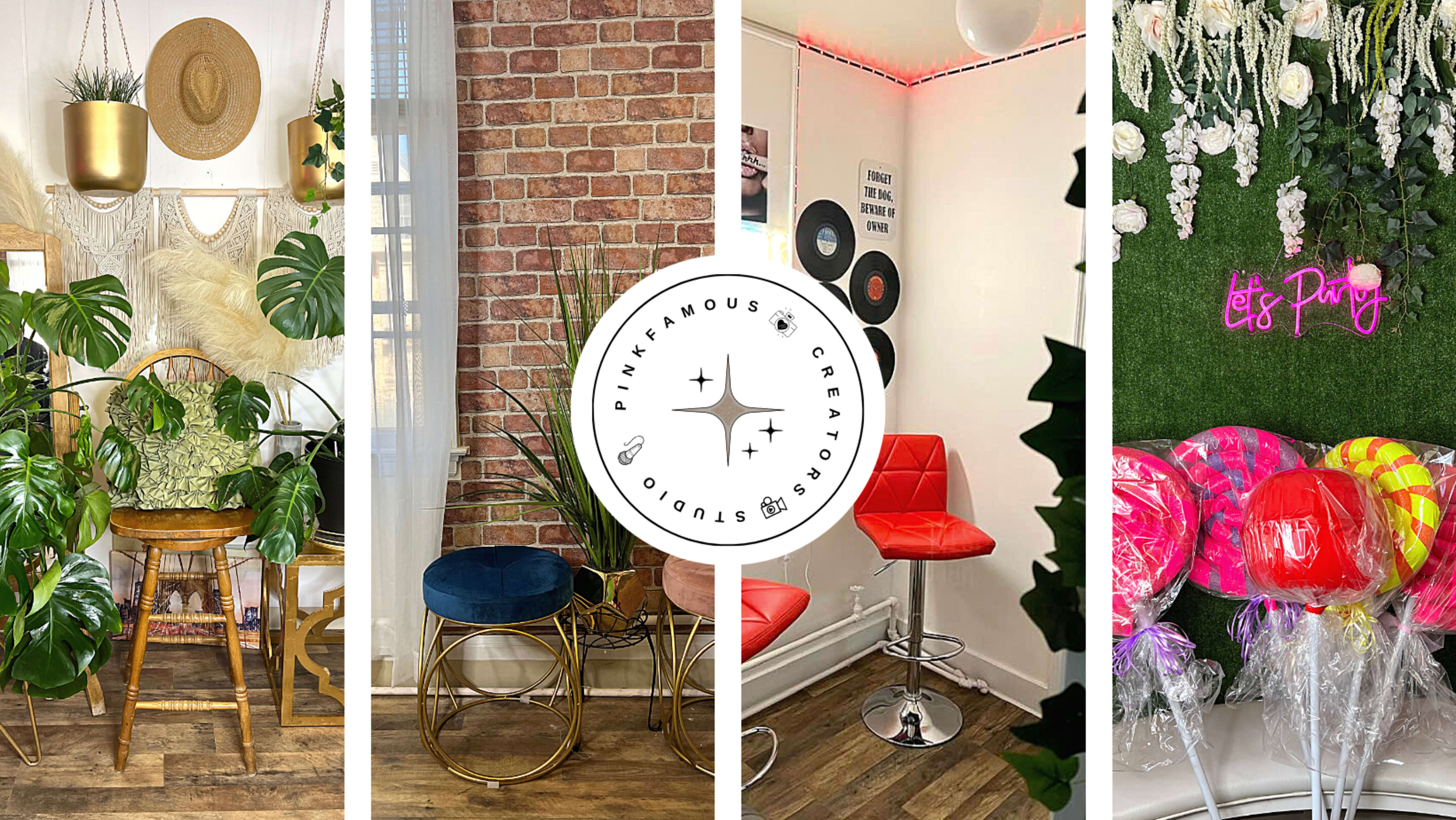A collage of four distinct themed setups, including a retro-inspired bar area, a cozy seating nook with decorative wall elements, and a vibrant display of colorful party supplies.