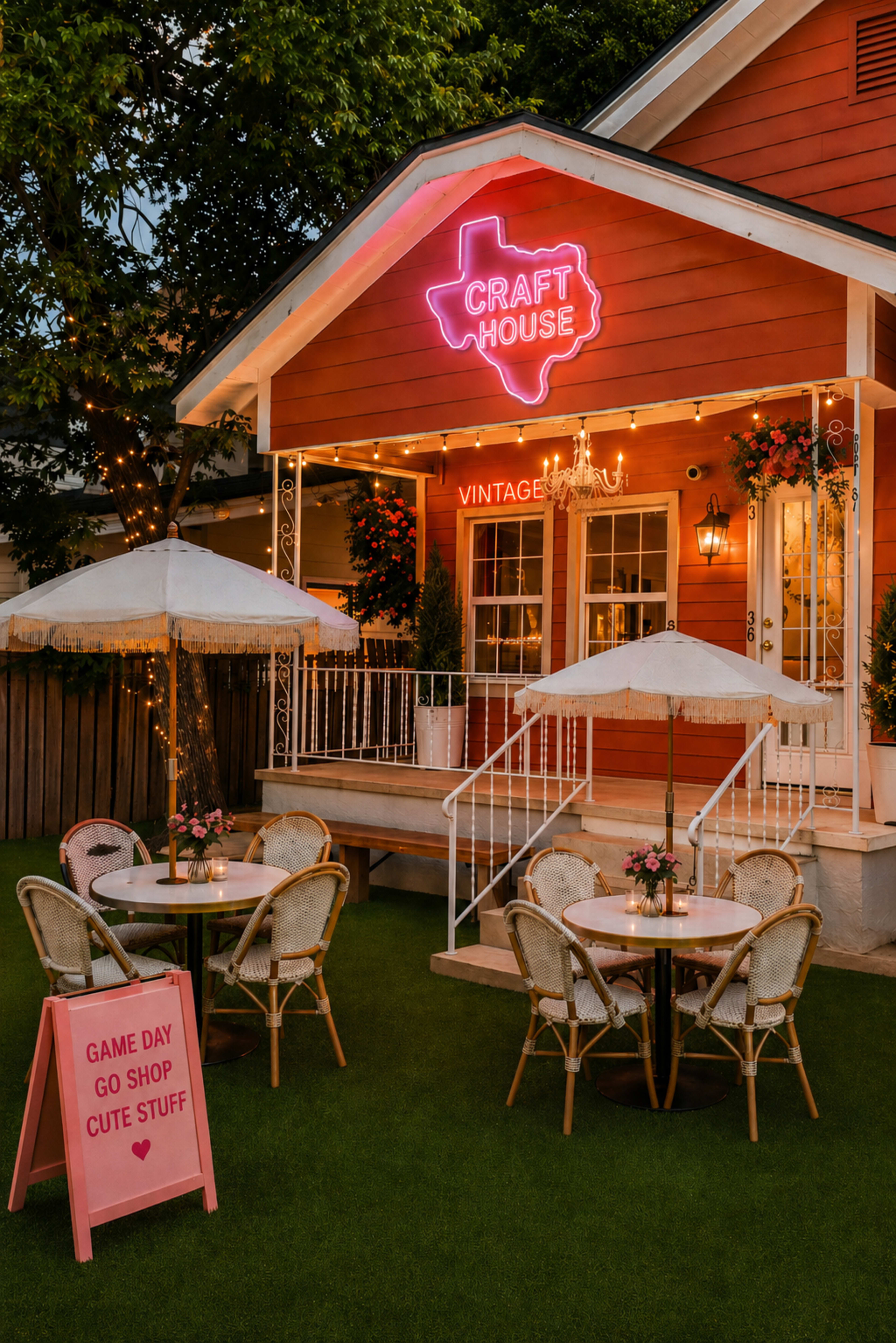 The image shows a vibrant red building with a neon sign that reads "Craft House," featuring outdoor seating with tables, umbrellas, and a sign displaying shop promotions.