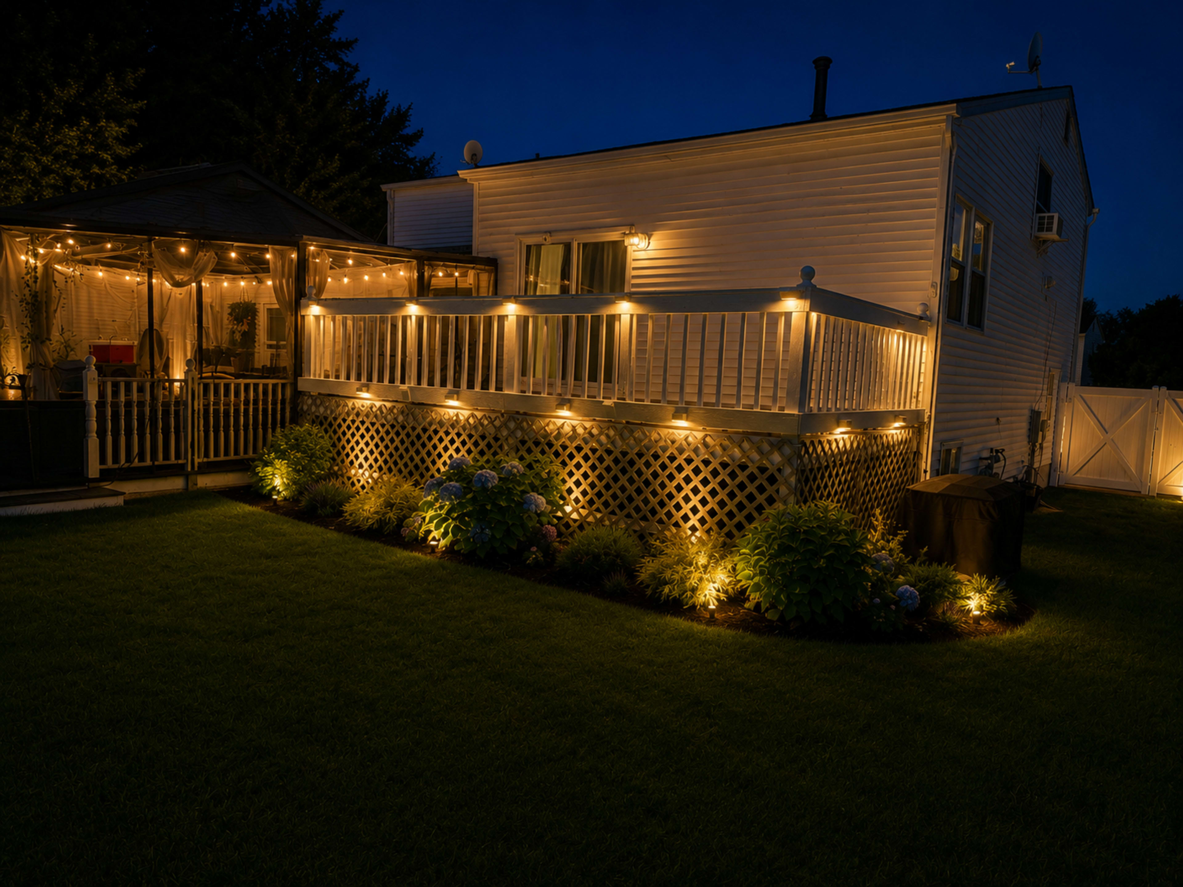 A well-lit backyard features a house with a deck adorned with string lights, surrounded by manicured shrubs and grass under a twilight sky.