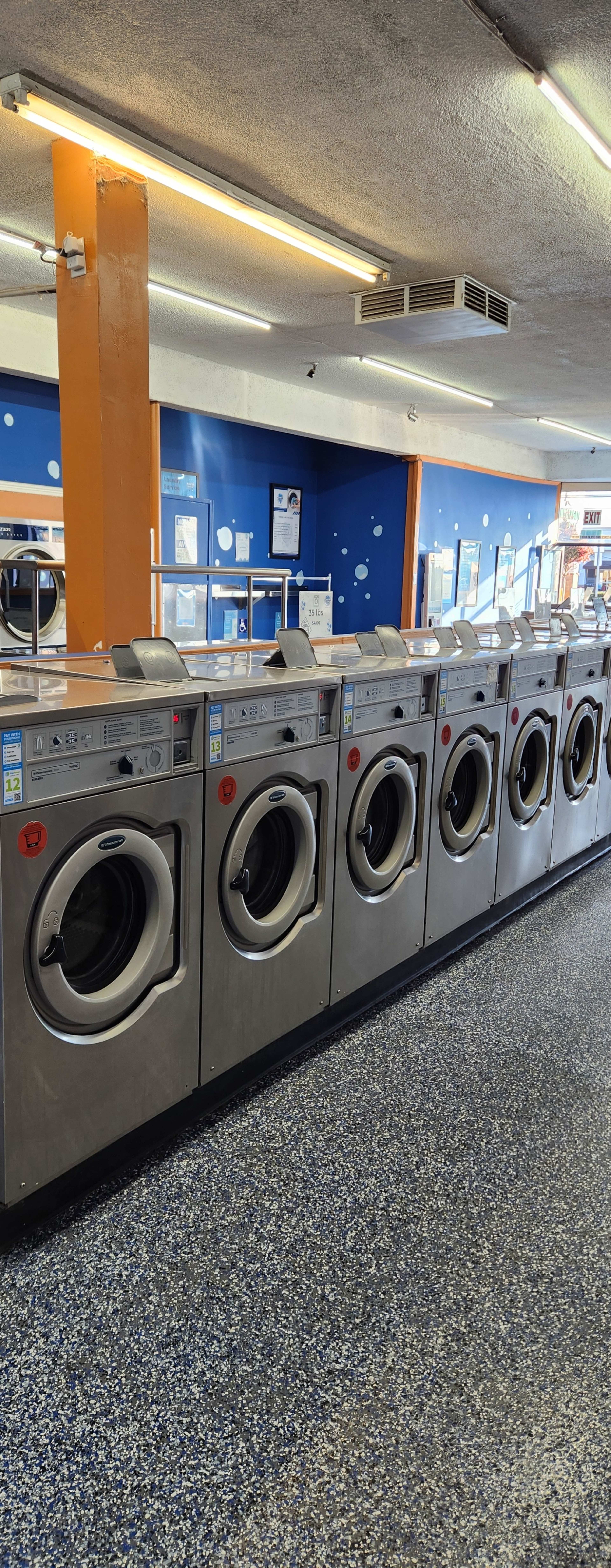 The image shows a row of commercial washing machines in a laundry facility, lined up against a blue wall.