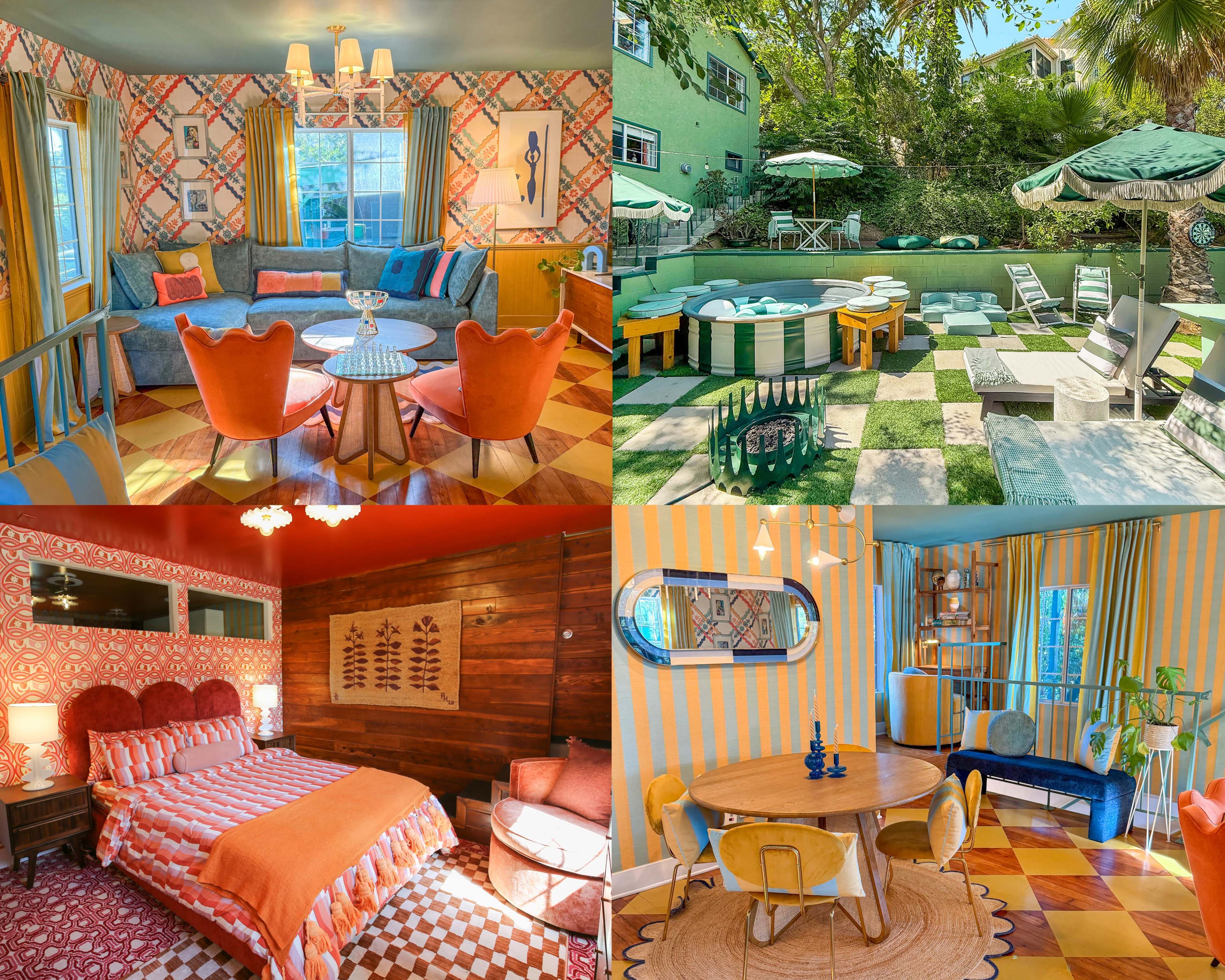 The image showcases a vibrant and colorful interior and exterior of a residential space, featuring distinctively styled rooms and an outdoor area with checkered patterns and various seating arrangements.