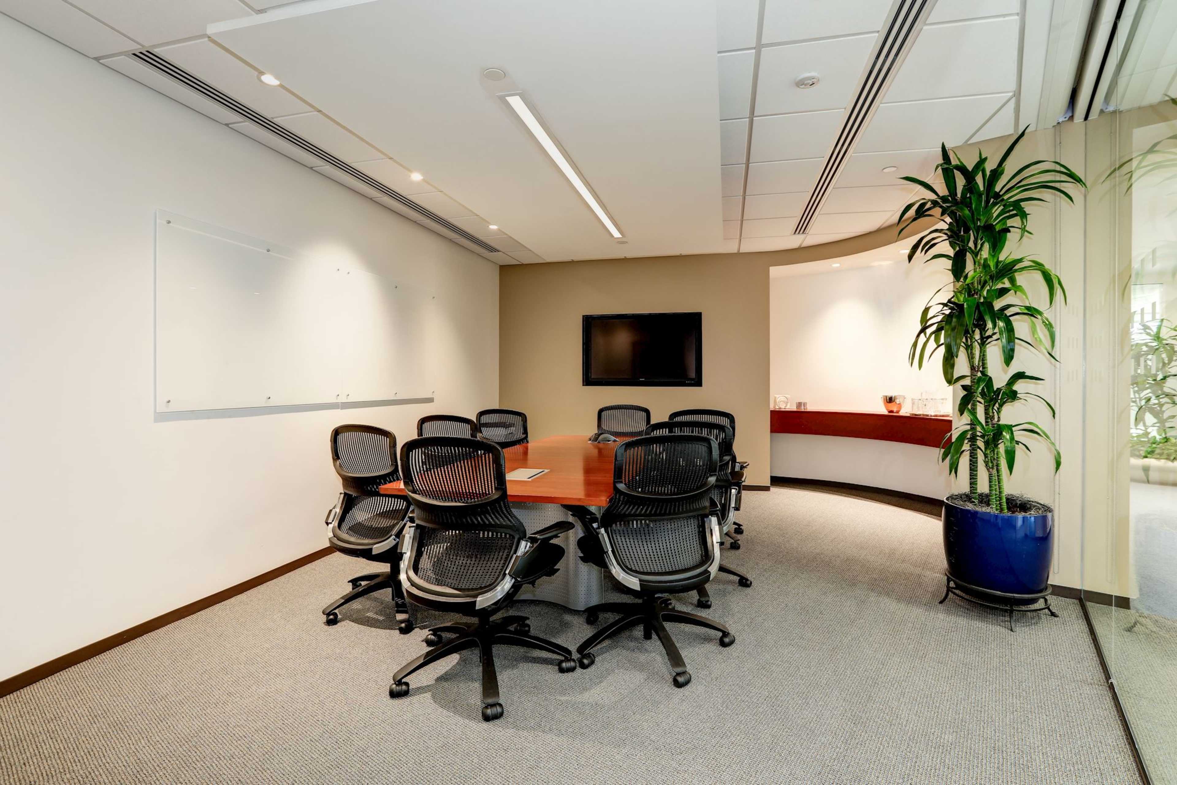 A conference room featuring a large wooden table surrounded by six black mesh chairs, a television mounted on the wall, and a potted plant in the corner.