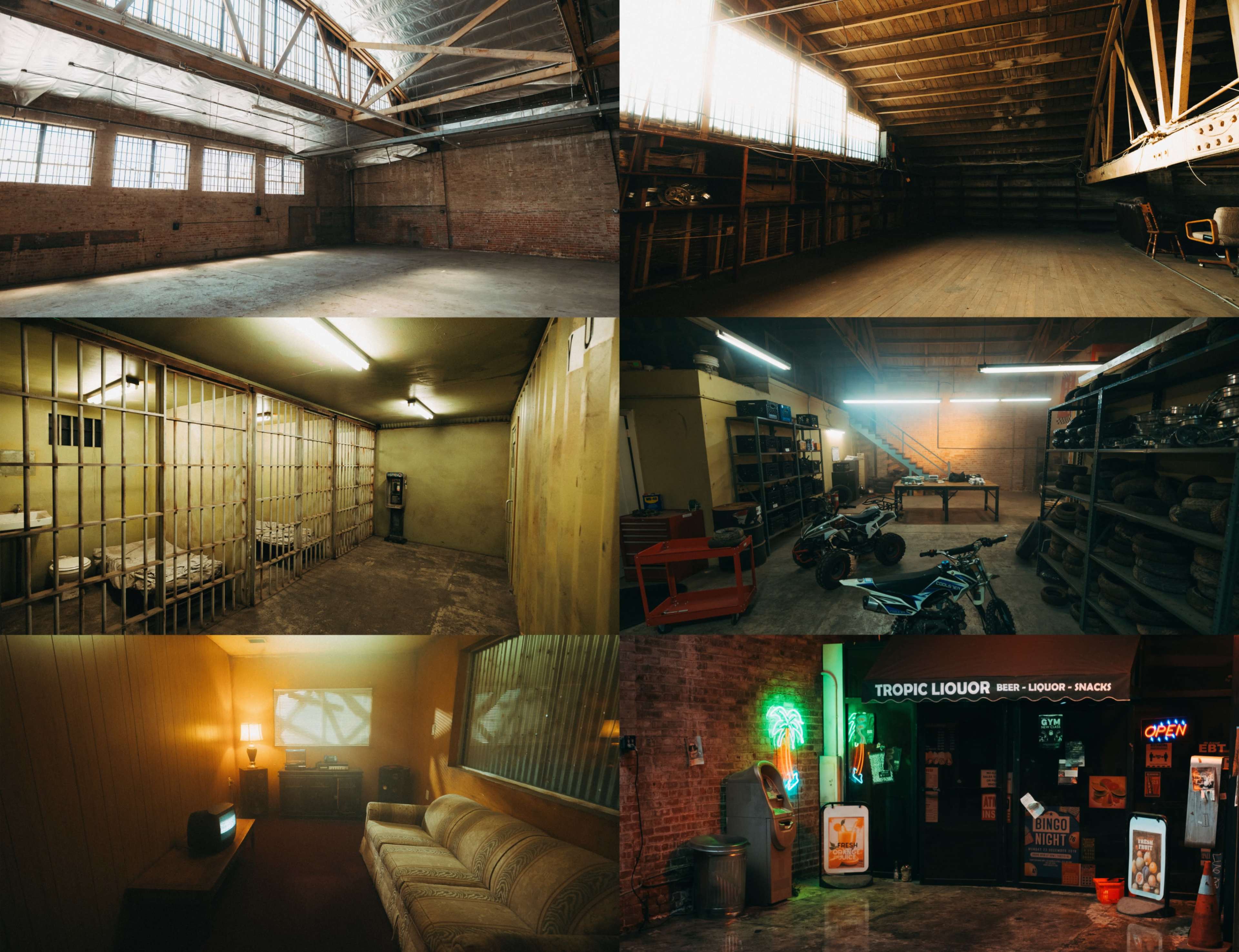 The image displays a collage of interior spaces, including an empty warehouse, a prison cell, a cluttered storage area, a living room with retro decor, and an exterior view of a liquor store.