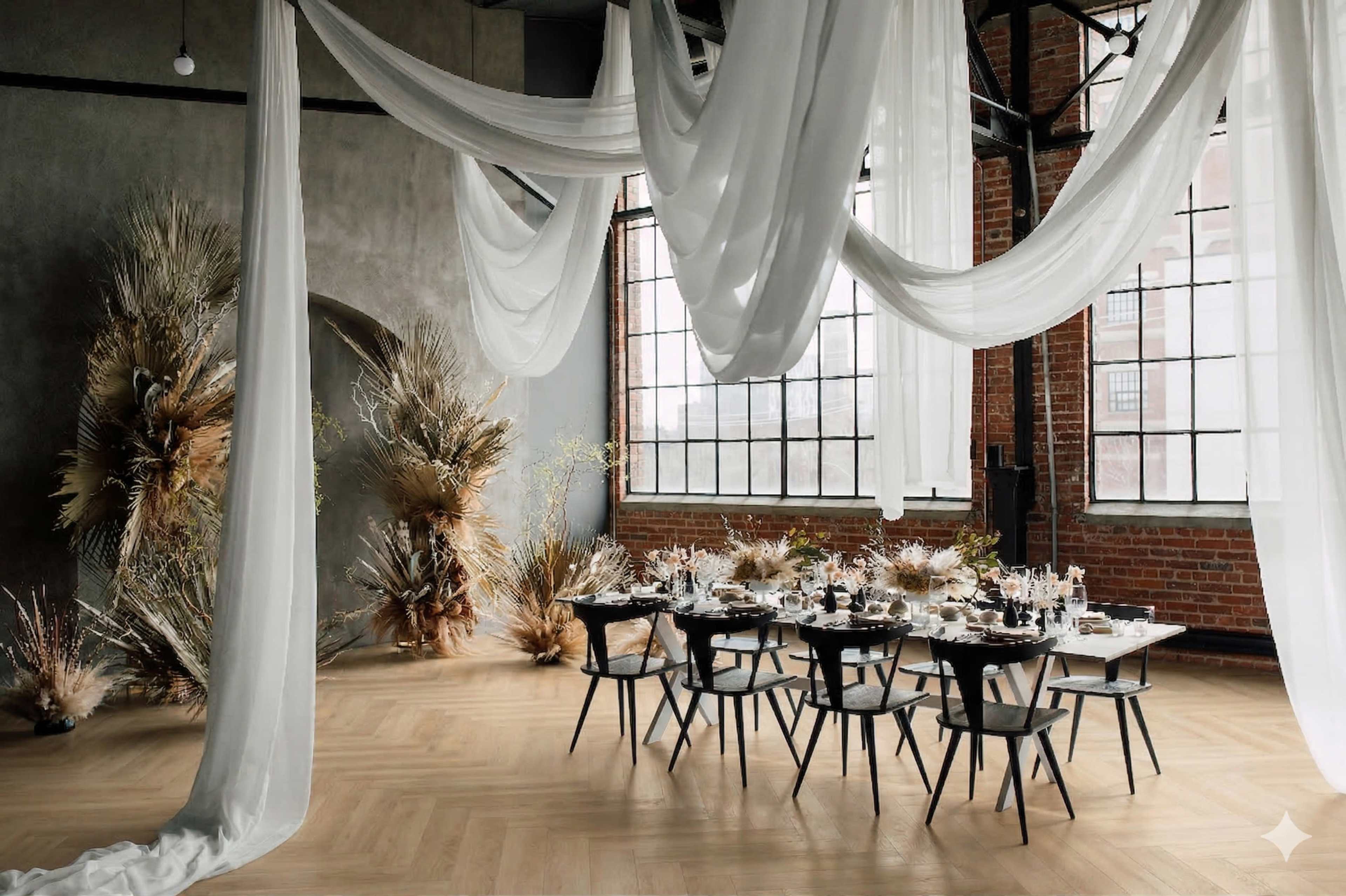 The image shows a spacious indoor setting with a long dining table adorned with tableware, surrounded by decorative elements and draped fabrics suspended from the ceiling.