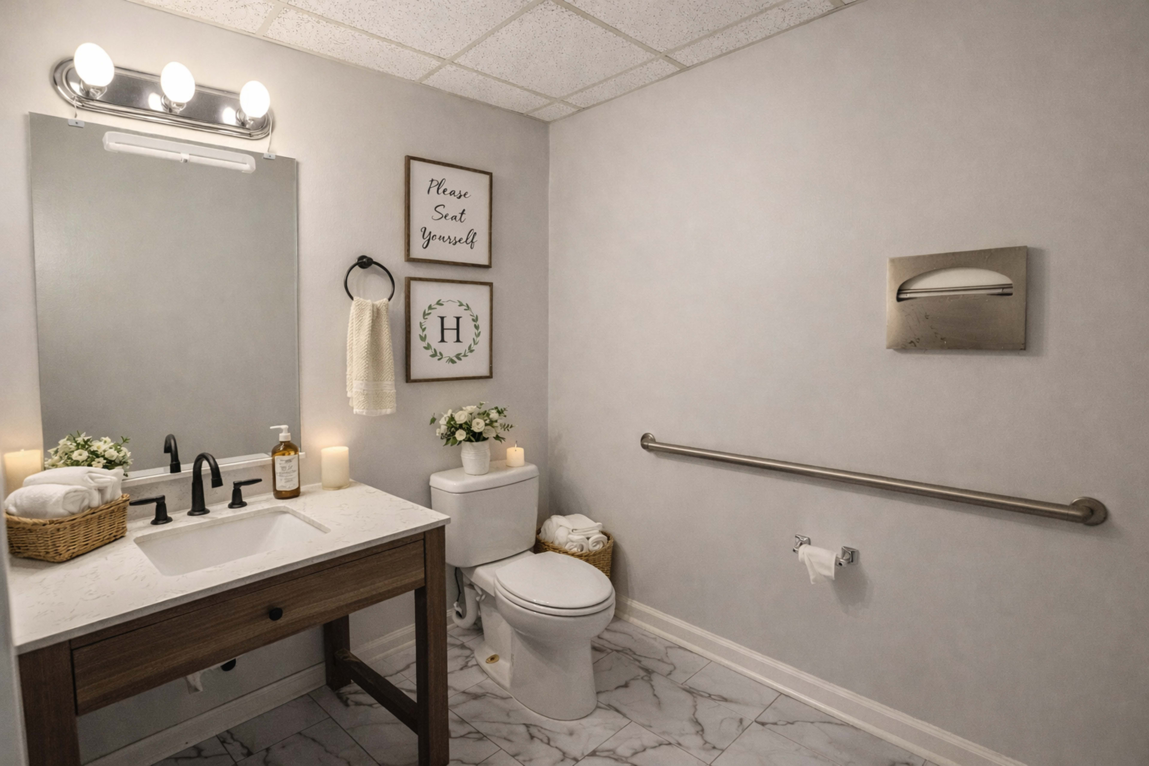 The image shows a modern bathroom with a sink, toilet, and decorative elements, including a mirror and wall art.