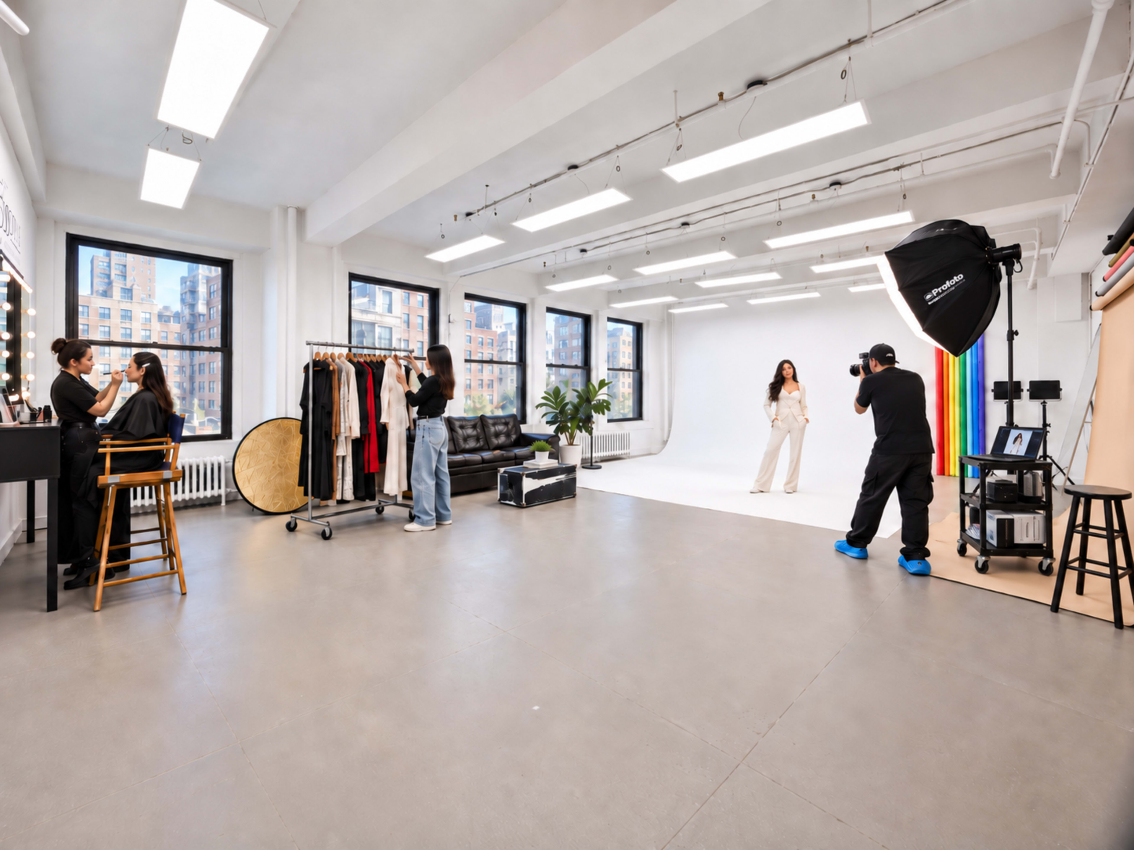 A photographer captures a model posing in a bright studio filled with soft natural light, while a makeup artist and stylist prepare outfits nearby.