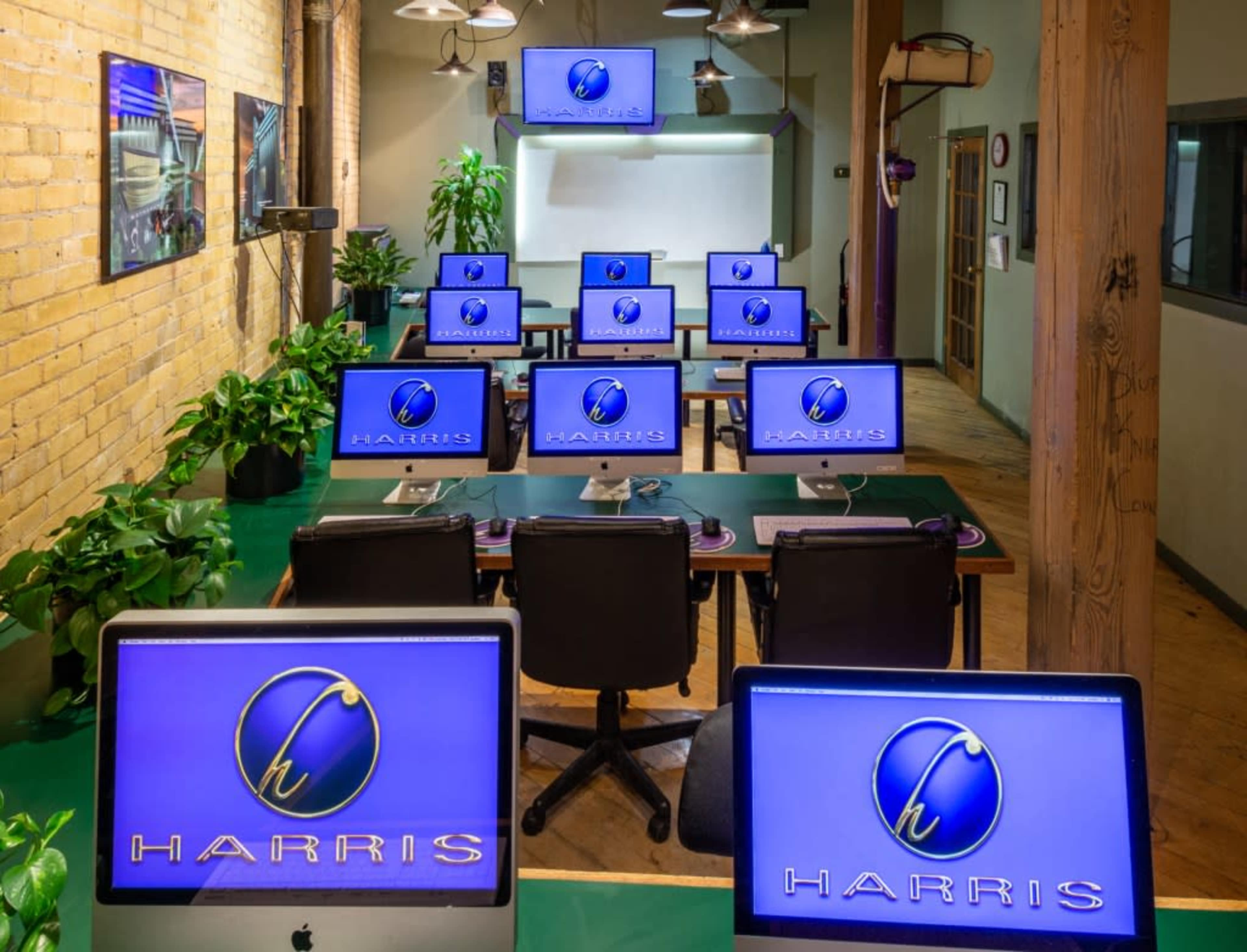 A classroom setting with multiple computers arranged on tables, featuring a large screen at the front and potted plants decorating the space.