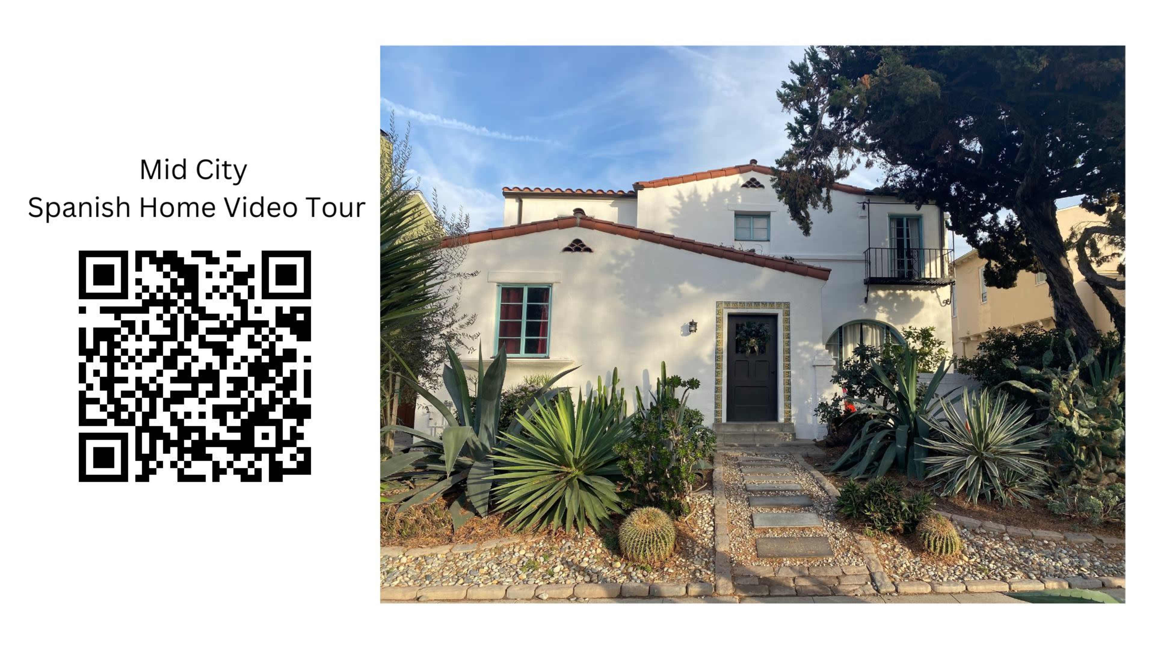A Spanish-style home with a white exterior, red tiled roof, and landscaped front garden featuring succulents and stone pathways is shown.