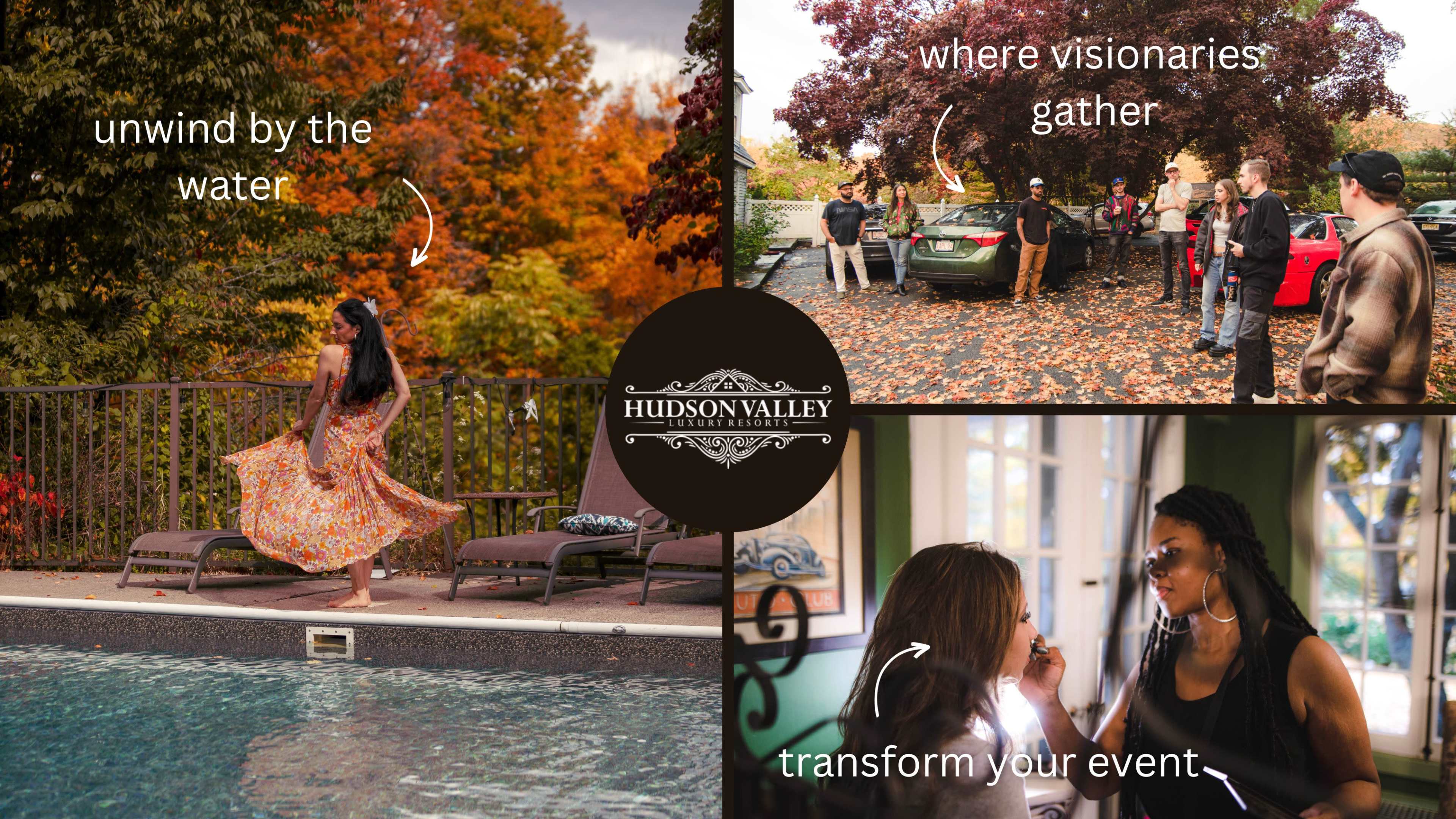 A collage featuring a woman by a poolside surrounded by autumn foliage, a group of people socializing near cars in a driveway covered with leaves, and two women engaged in conversation indoors.