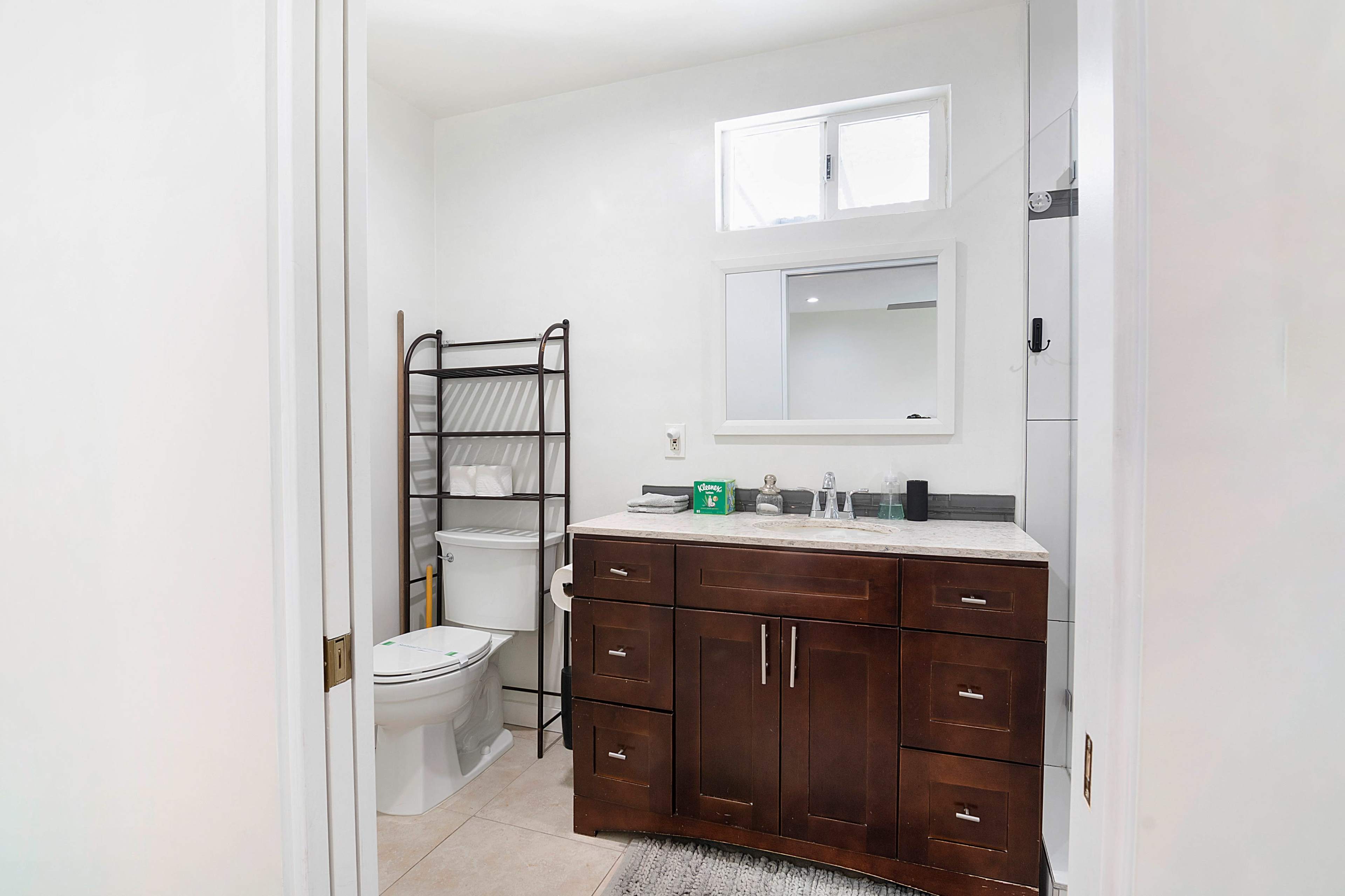 The image shows a clean bathroom featuring a dark wooden vanity with a marble countertop, a toilet, and a ladder-style shelf for storage.