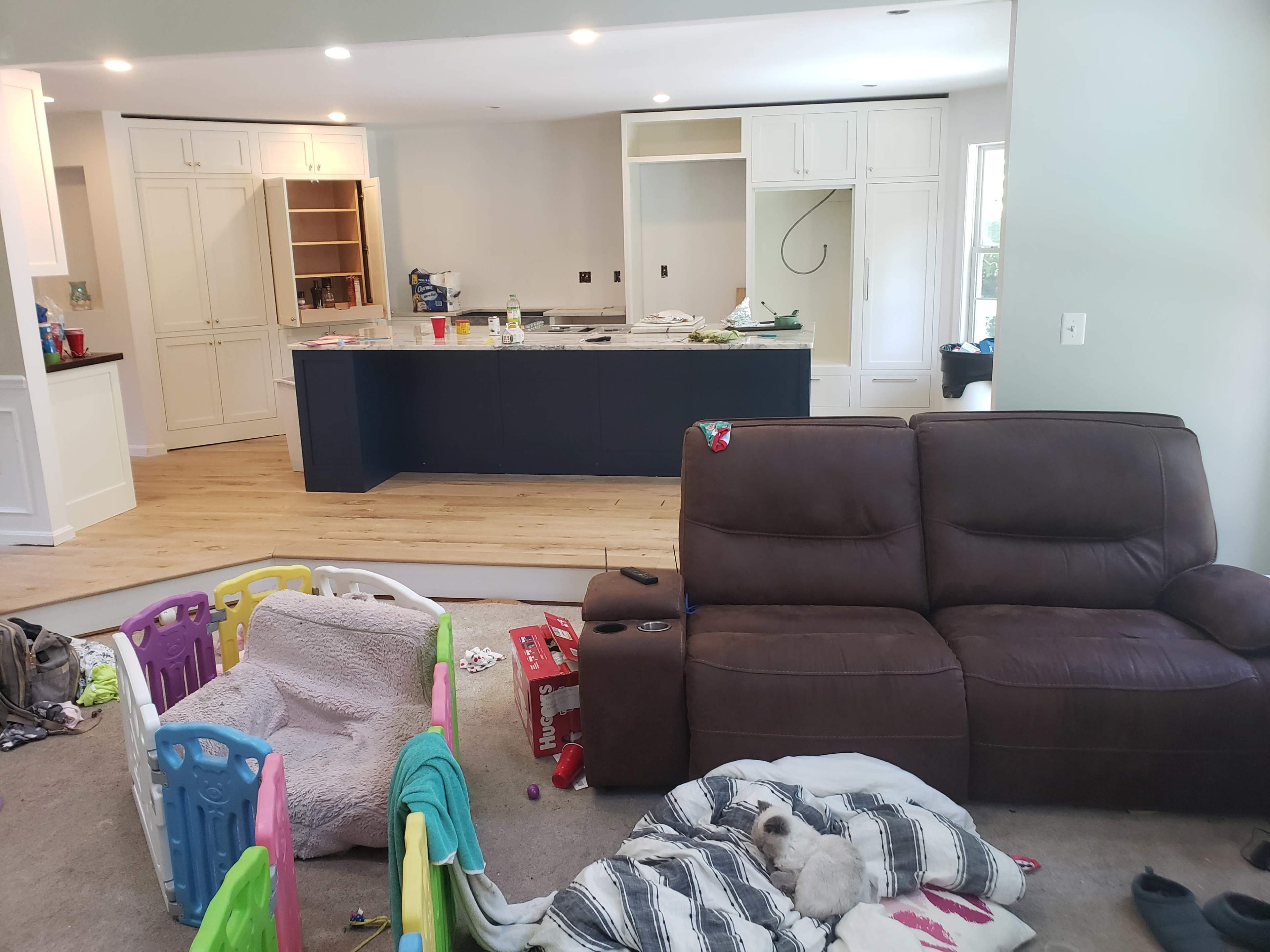 The image shows a messy living room with a brown couch, scattered toys, a dog on a blanket, and an unfinished kitchen area in the background.
