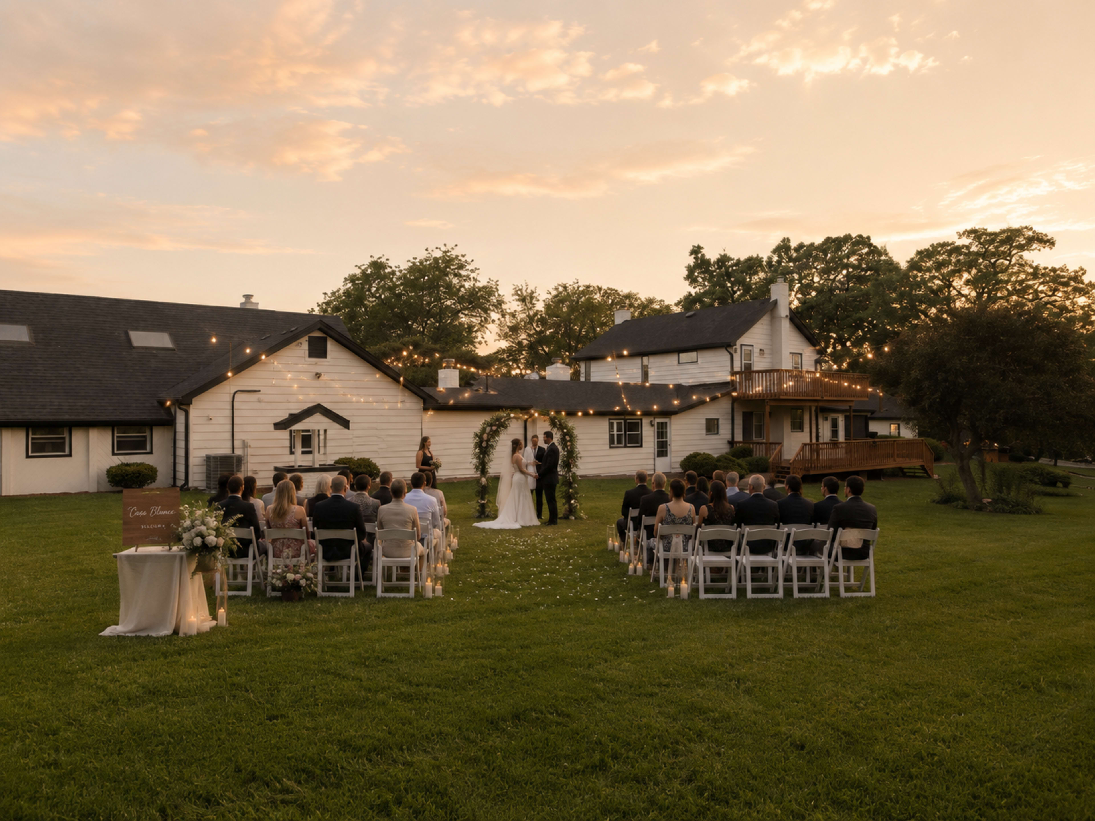 A couple stands on a small altar surrounded by guests seated in white chairs, as the sun sets behind a charming white venue adorned with string lights.