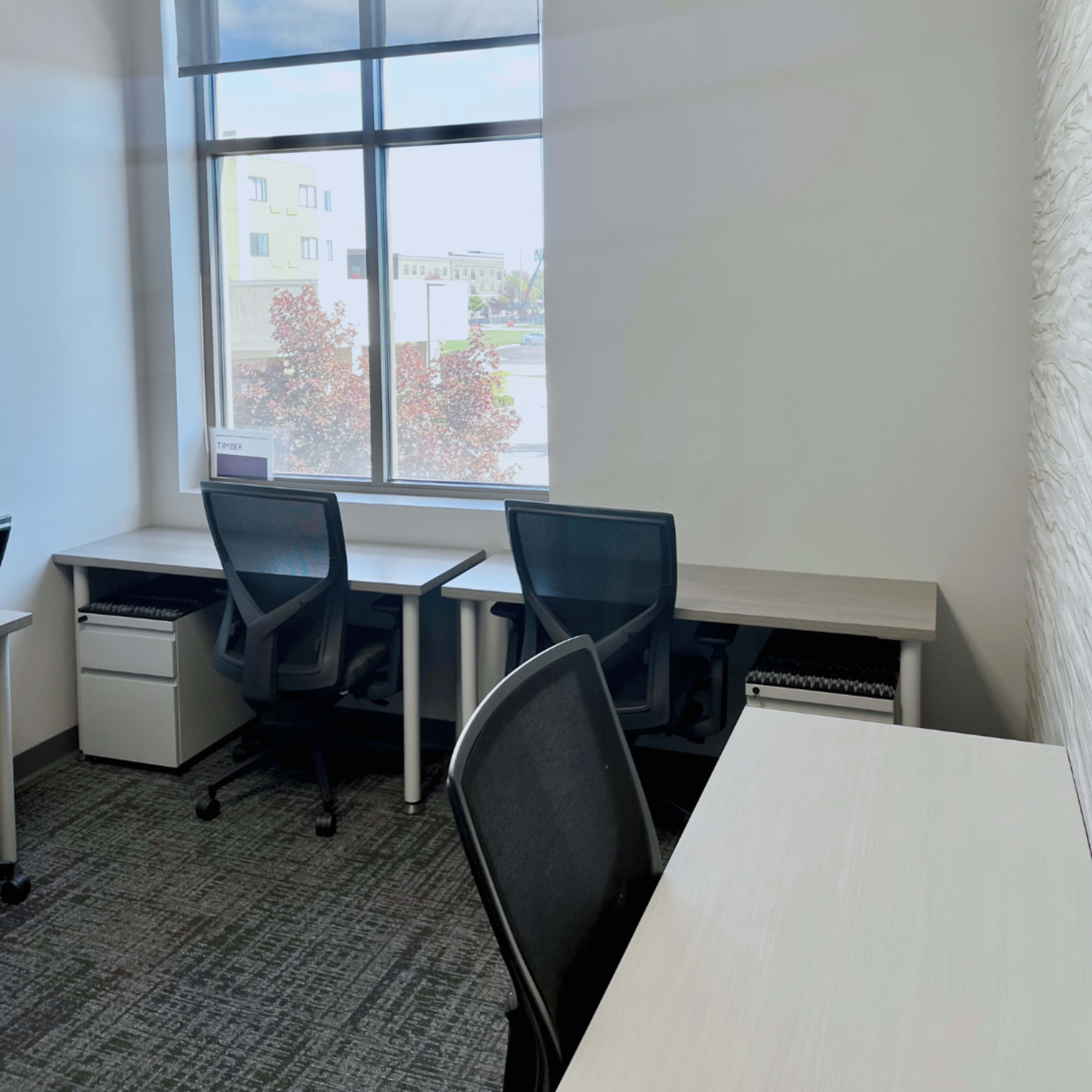 The image shows a bright office space with several empty desks, ergonomic chairs, and a large window allowing natural light to enter.