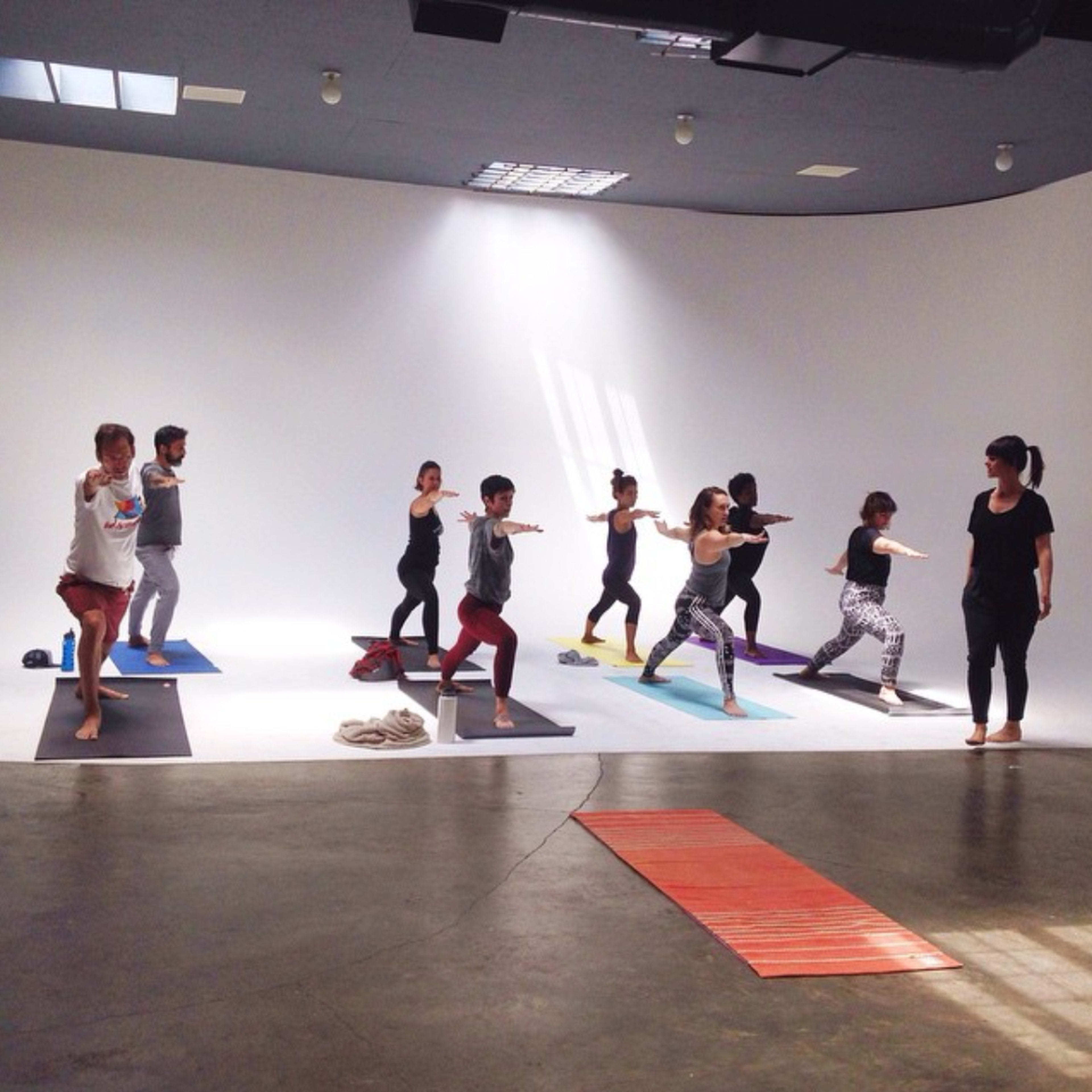 A group of individuals practices yoga in a studio with light-colored walls and various yoga mats on the floor.