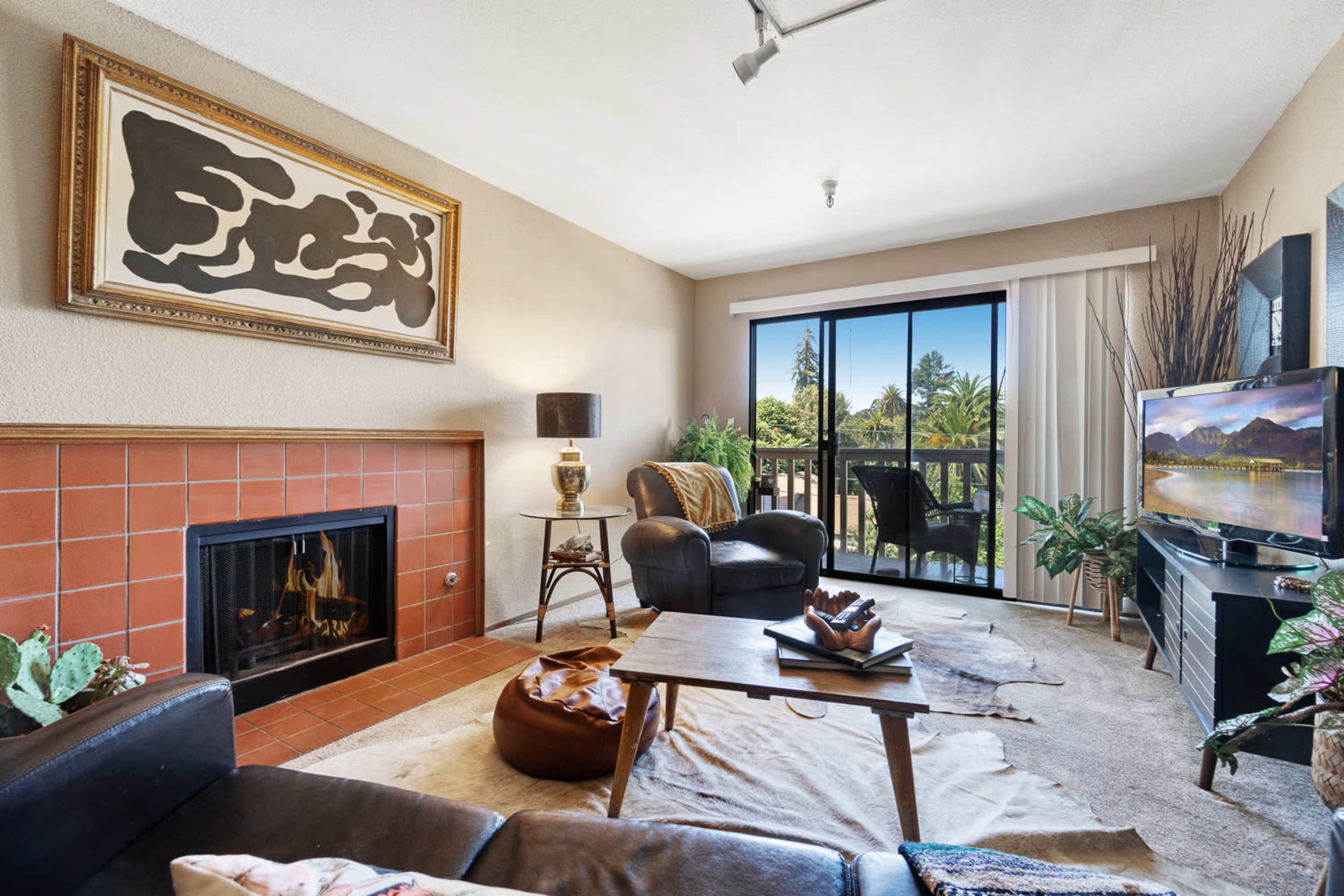The living room features a fireplace, a sliding glass door leading to a balcony, and a mix of furniture and decorative plants.