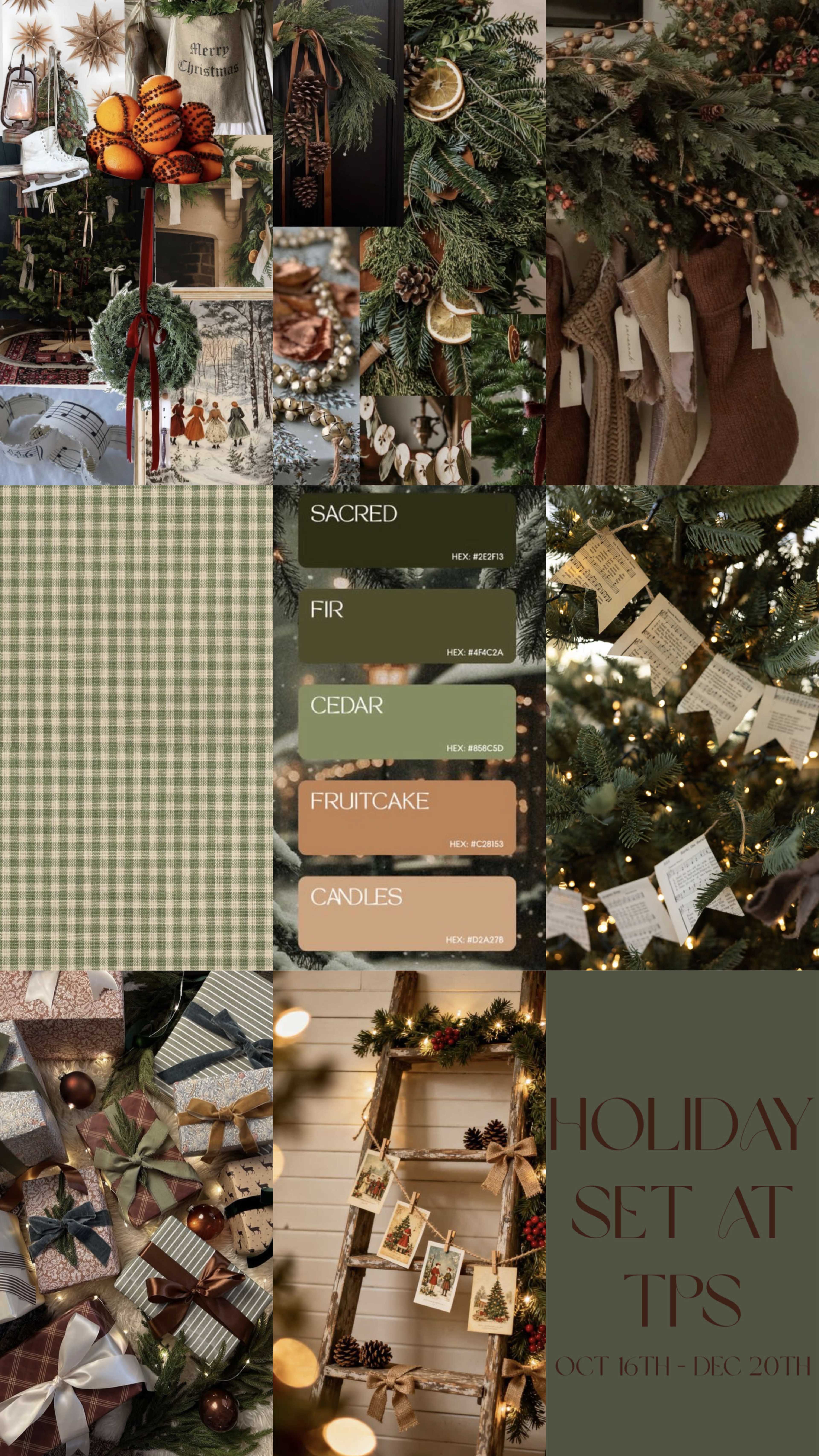 The image showcases a collage of holiday-themed decor, including greenery, ornaments, color palettes, and gift-wrapping materials, with a promotional banner for a holiday set at a location called TPS from October 16th to December 20th.