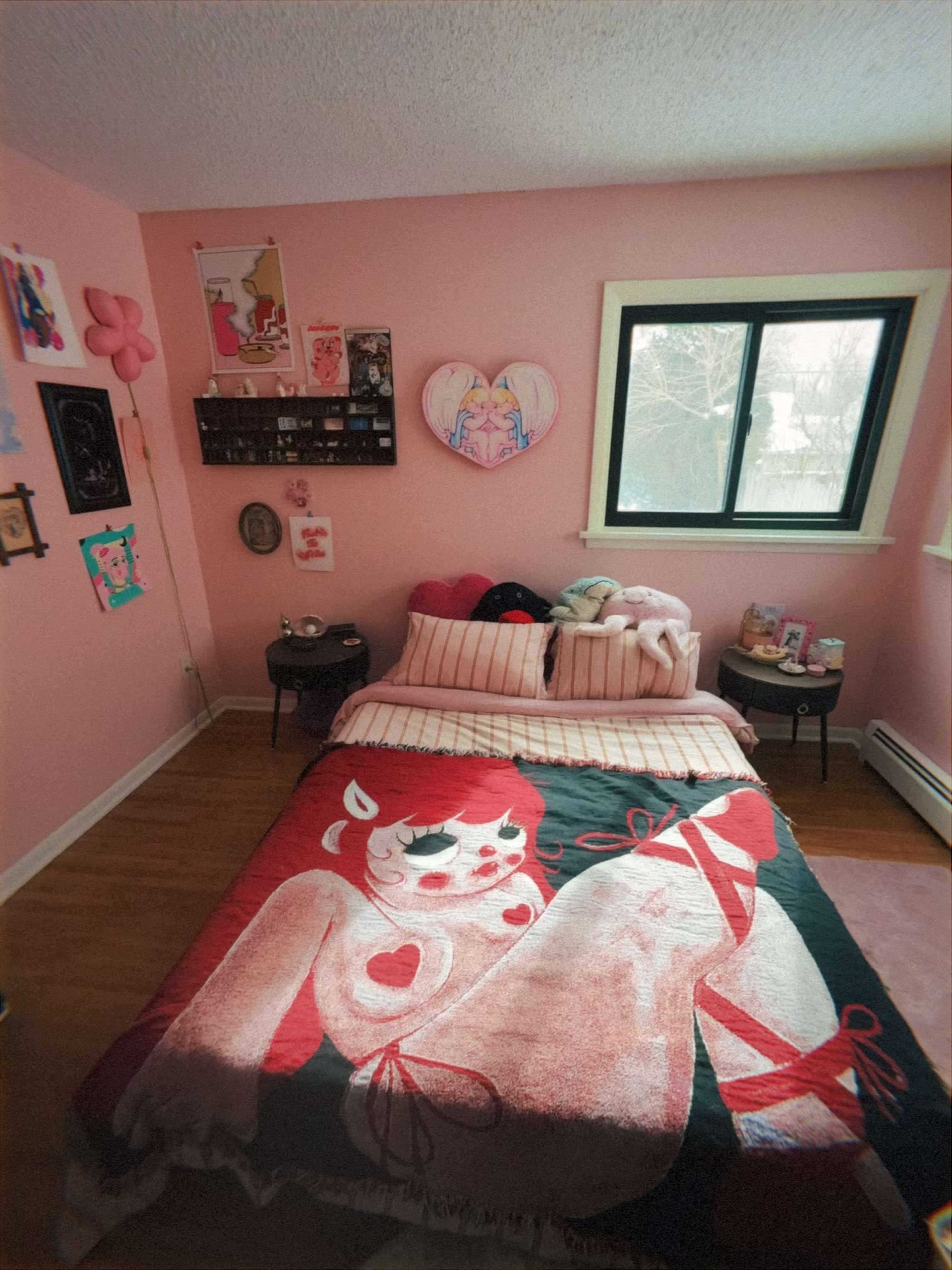 A pink bedroom features a bed with a colorful blanket and decorative pillows surrounded by themed wall art.