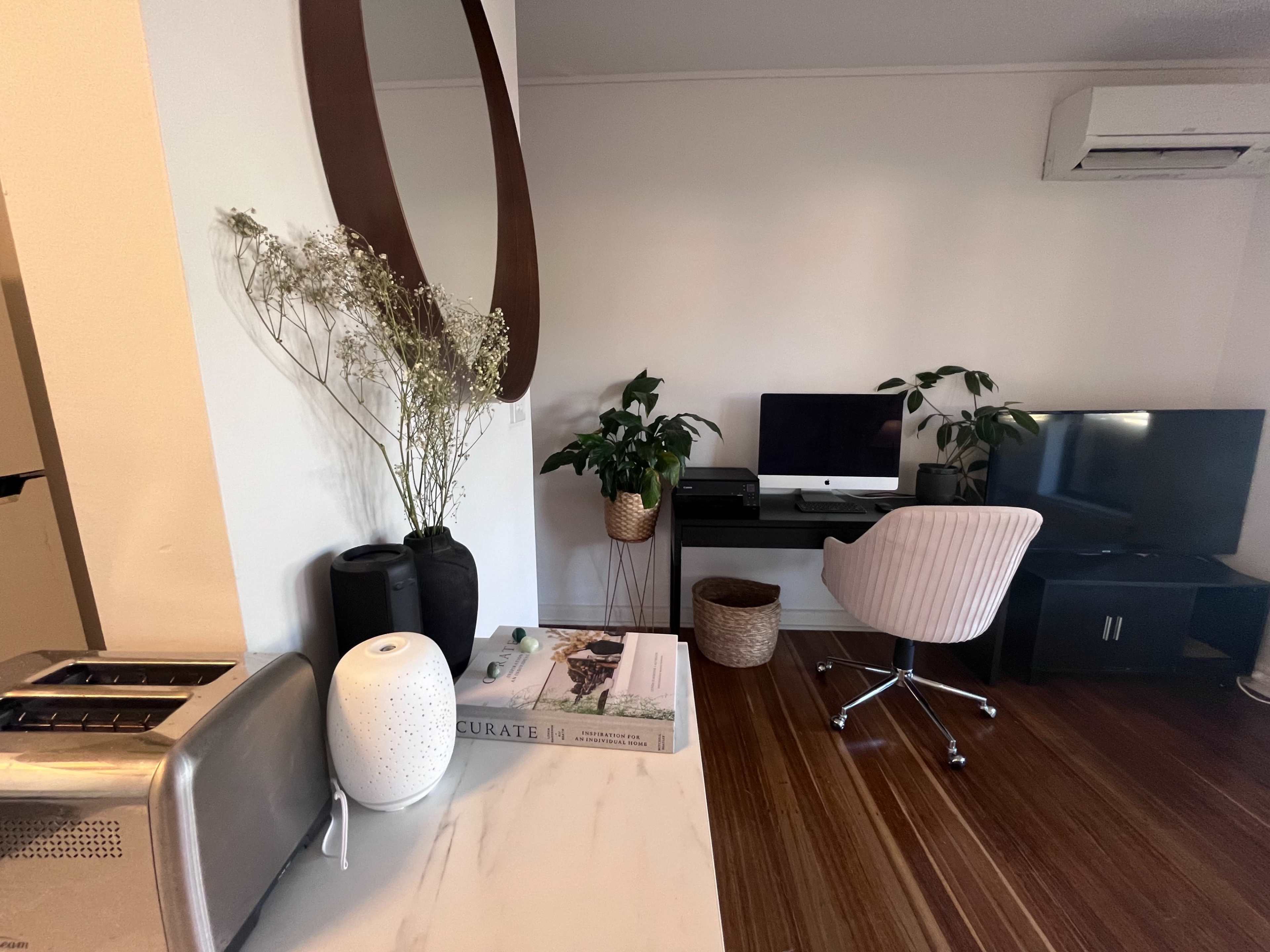 A modern interior featuring a desk with a computer, a television, and decorative plants, alongside a kitchen area with a toaster and a decorative vase.