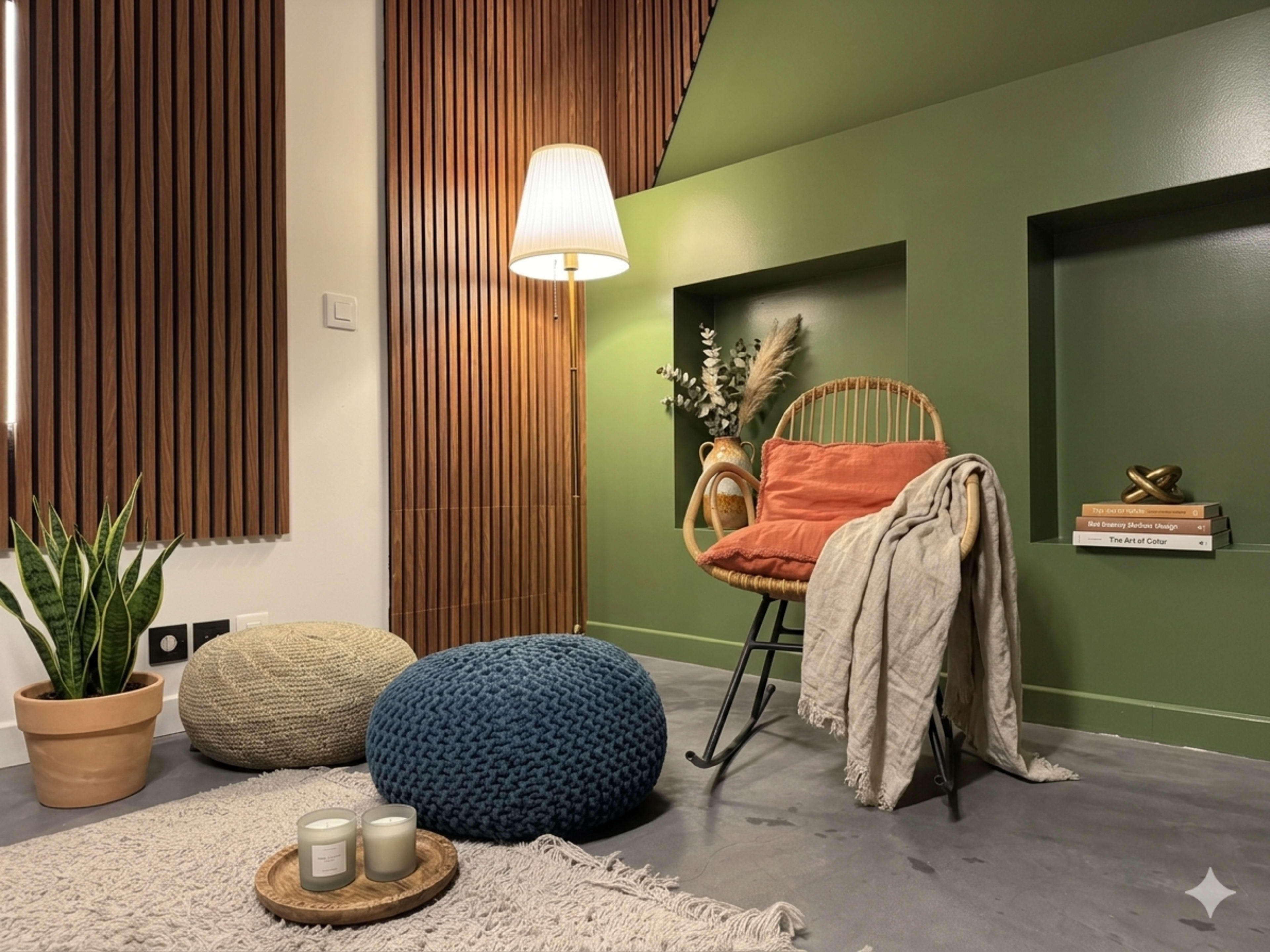 The scene features a cozy corner of a room with a green wall, a wicker chair adorned with an orange throw pillow, a textured rug, two decorative poufs, a potted plant, and a small table with candles.