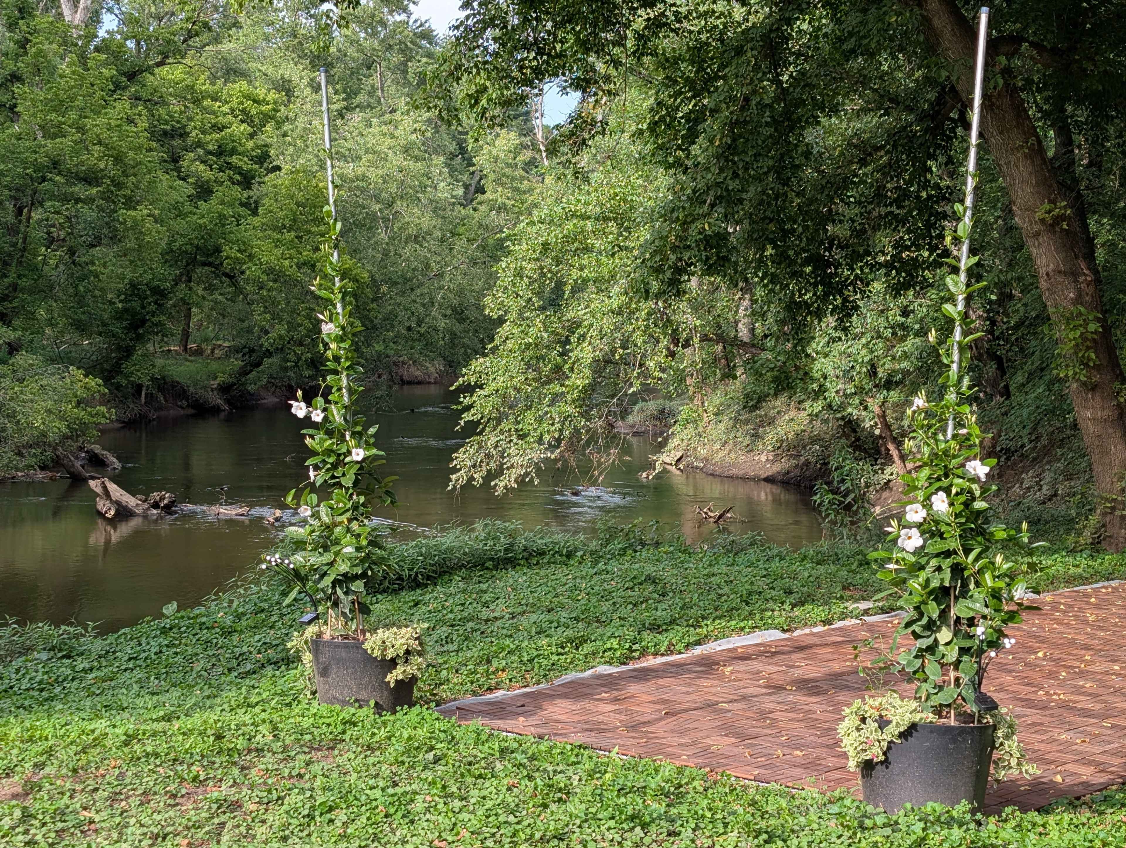 Two tall planters with flowering vines stand on a wooden deck beside a calm river, surrounded by lush greenery.