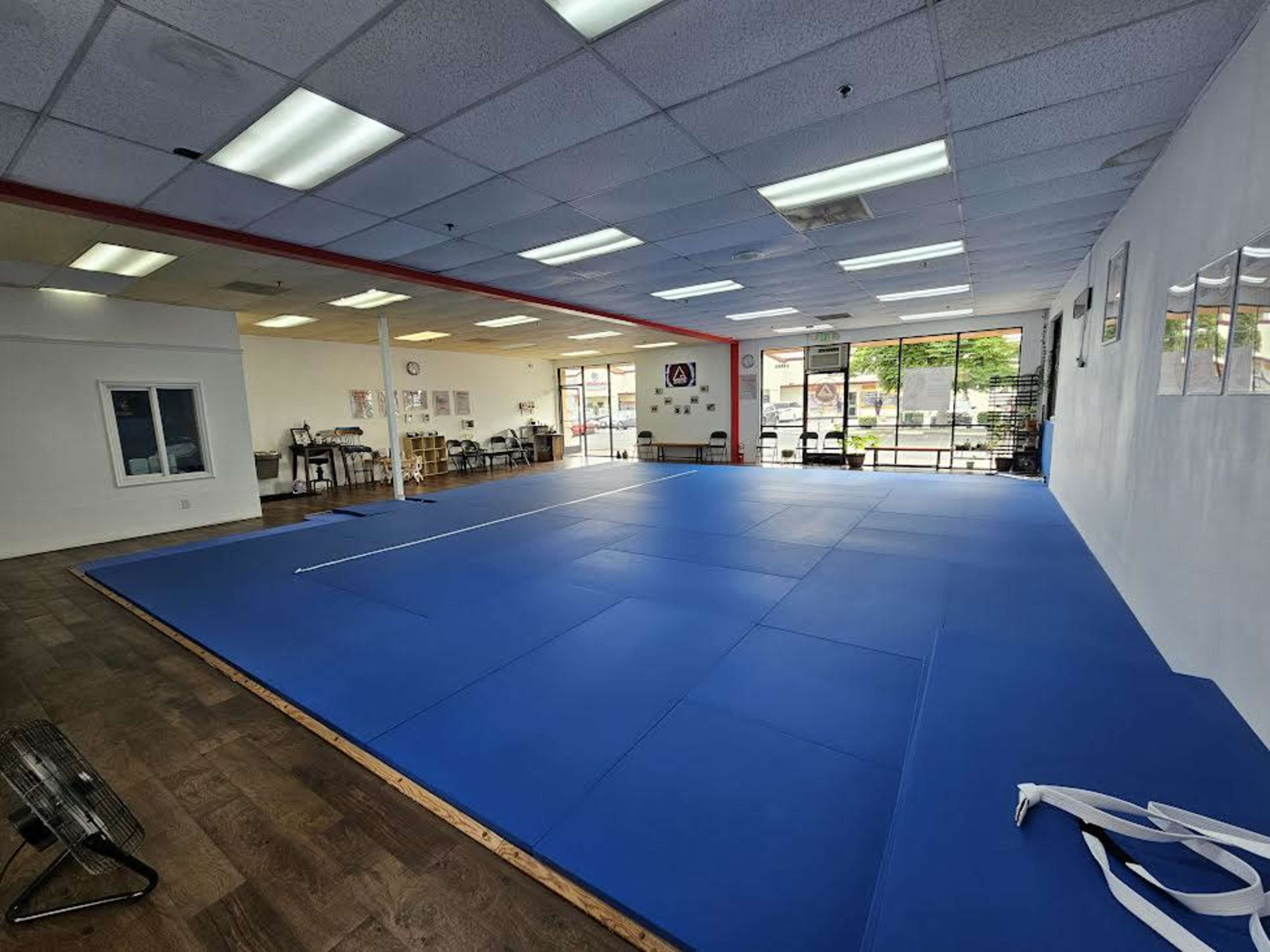 The image shows a spacious martial arts training studio with blue mats, white walls, and windows allowing natural light.