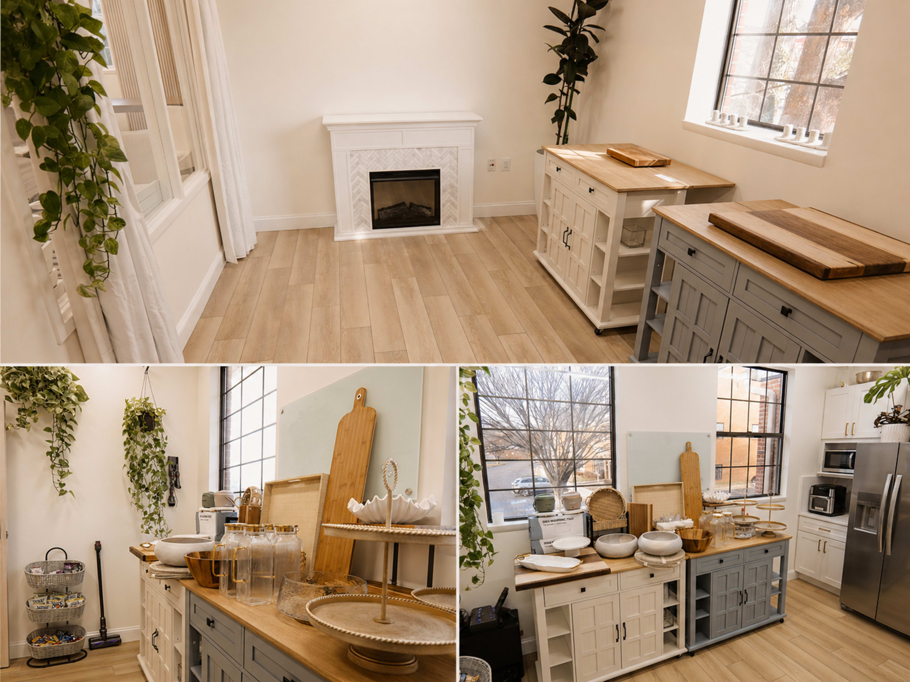 The image shows a bright kitchen space featuring a white fireplace, wooden countertops, and various kitchenware displayed on shelves and tables.