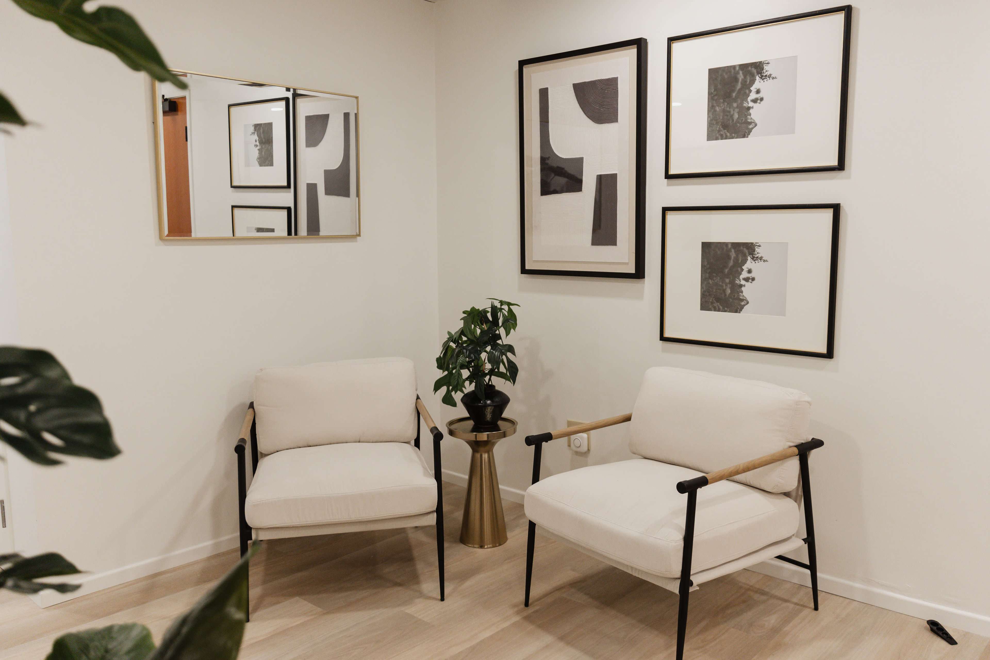 The image shows a minimalist seating area with two upholstered chairs, a small side table, a decorative plant, and framed abstract artwork on the wall.