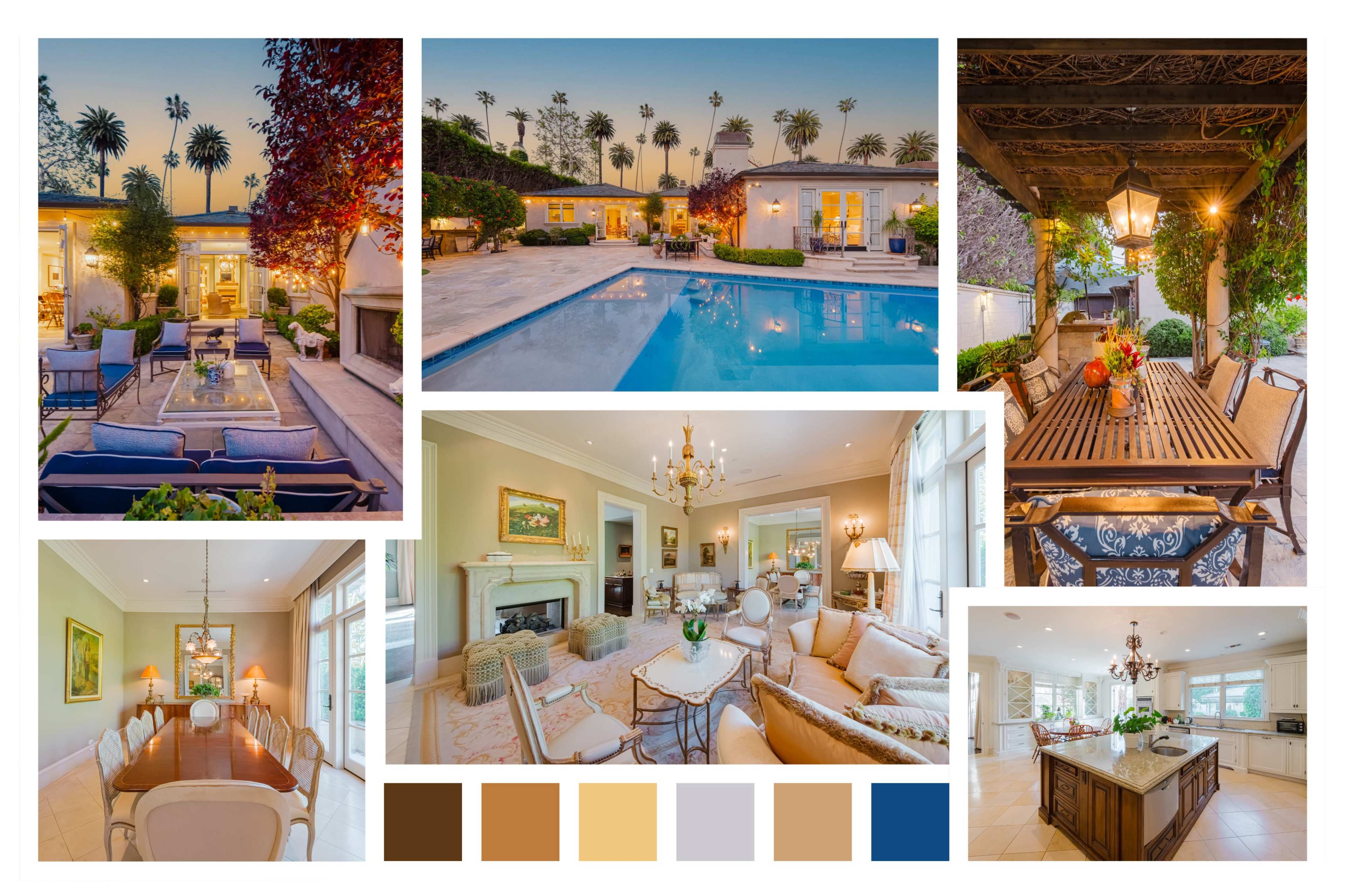 A luxurious outdoor and indoor living space, featuring a swimming pool, elegant furniture, and lush landscaping surrounded by palm trees.