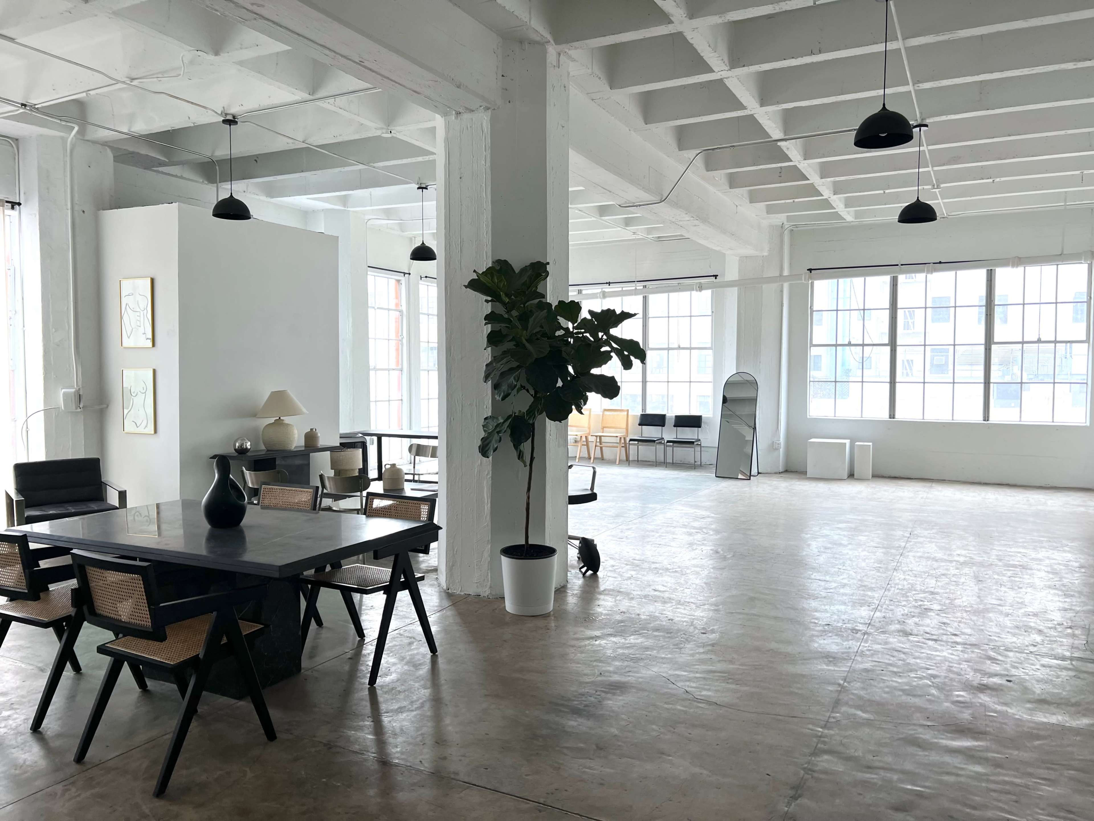 A spacious, minimalist interior with large windows, a dining table, chairs, and a potted plant.
