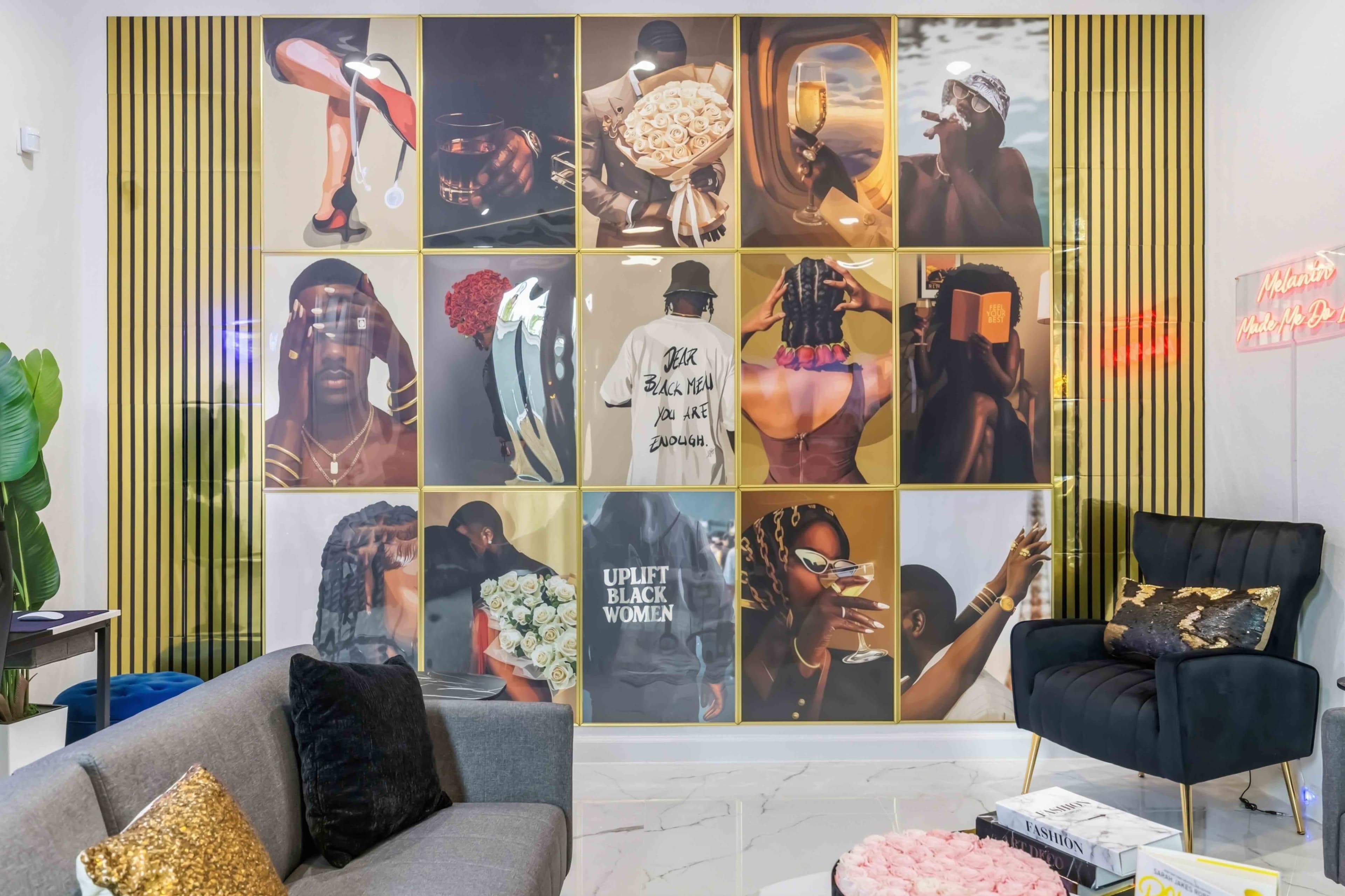 The image features a wall divided into a grid of vibrant photographs, showcasing diverse subjects and themes, with decorative plants and modern furniture in the foreground.