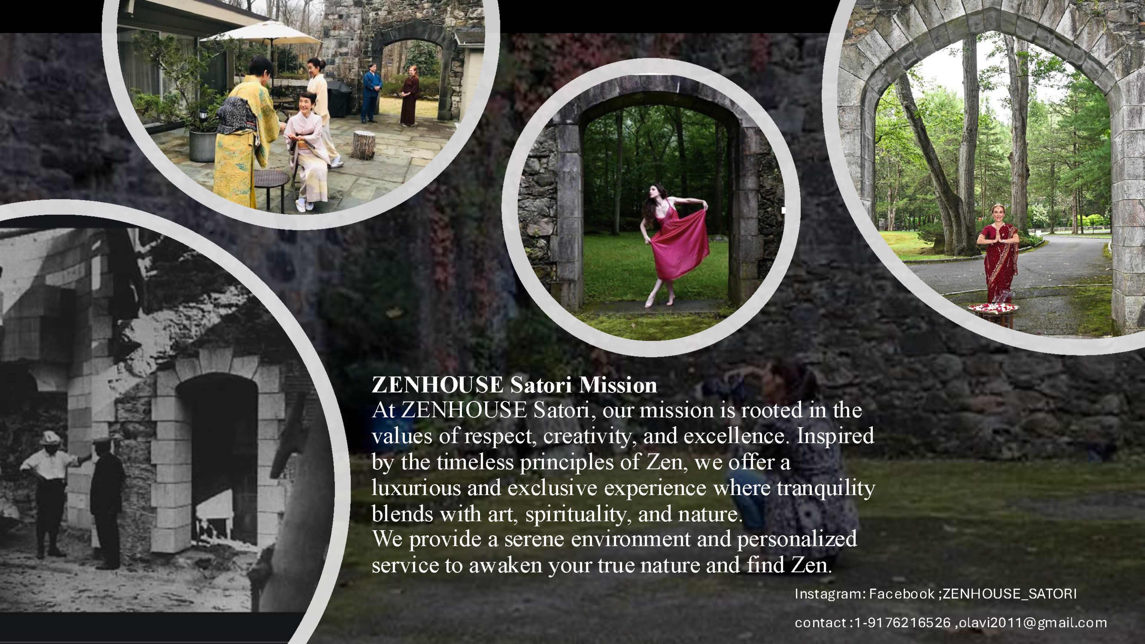 The image features a collage of various scenes including a serene stone archway, individuals engaged in activities, and a textual description detailing the mission of ZENHOUSE Satori.