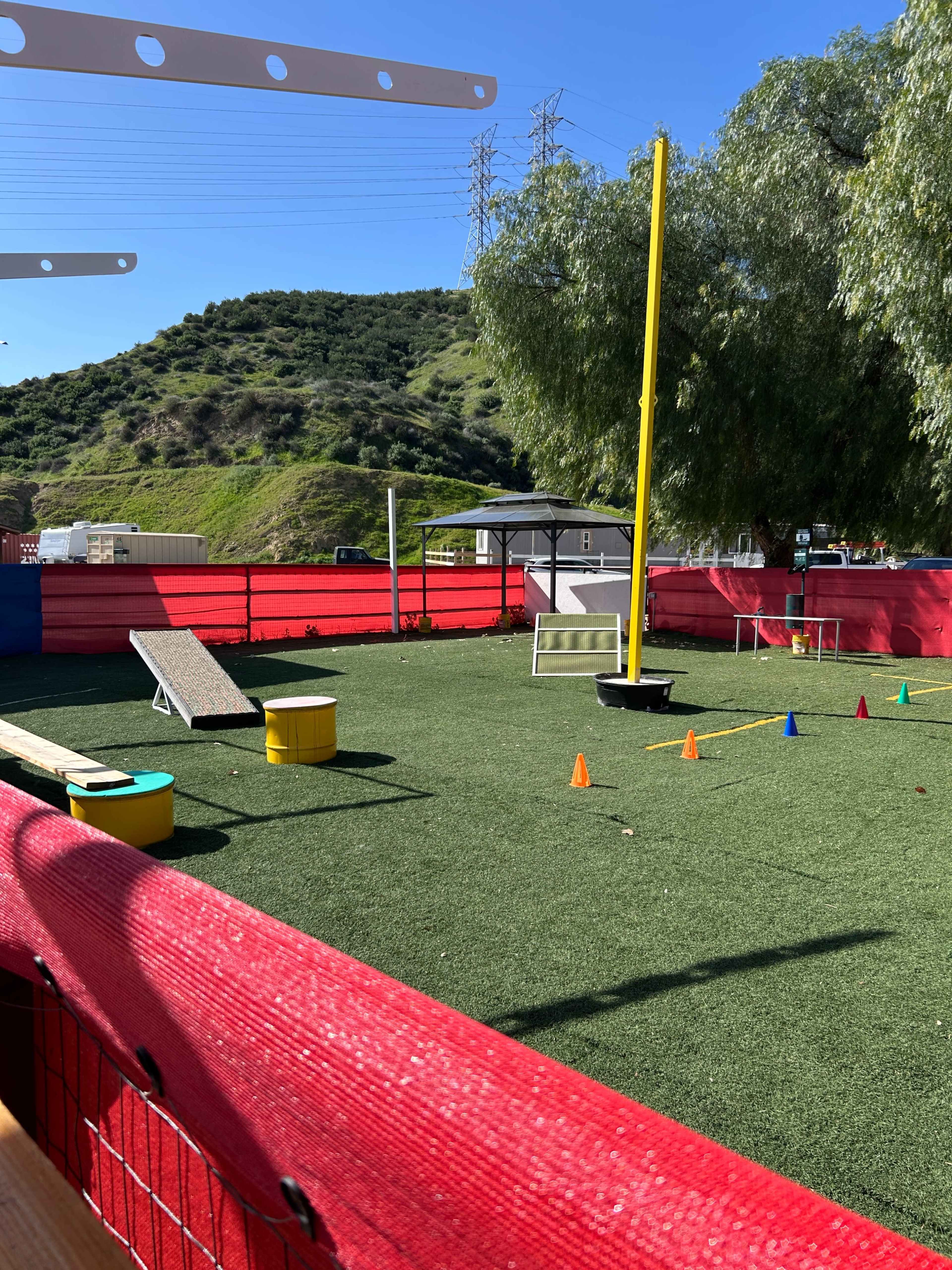 The image shows a fenced grassy area designed for play, featuring a yellow goalpost, various training equipment, and a hillside in the background.