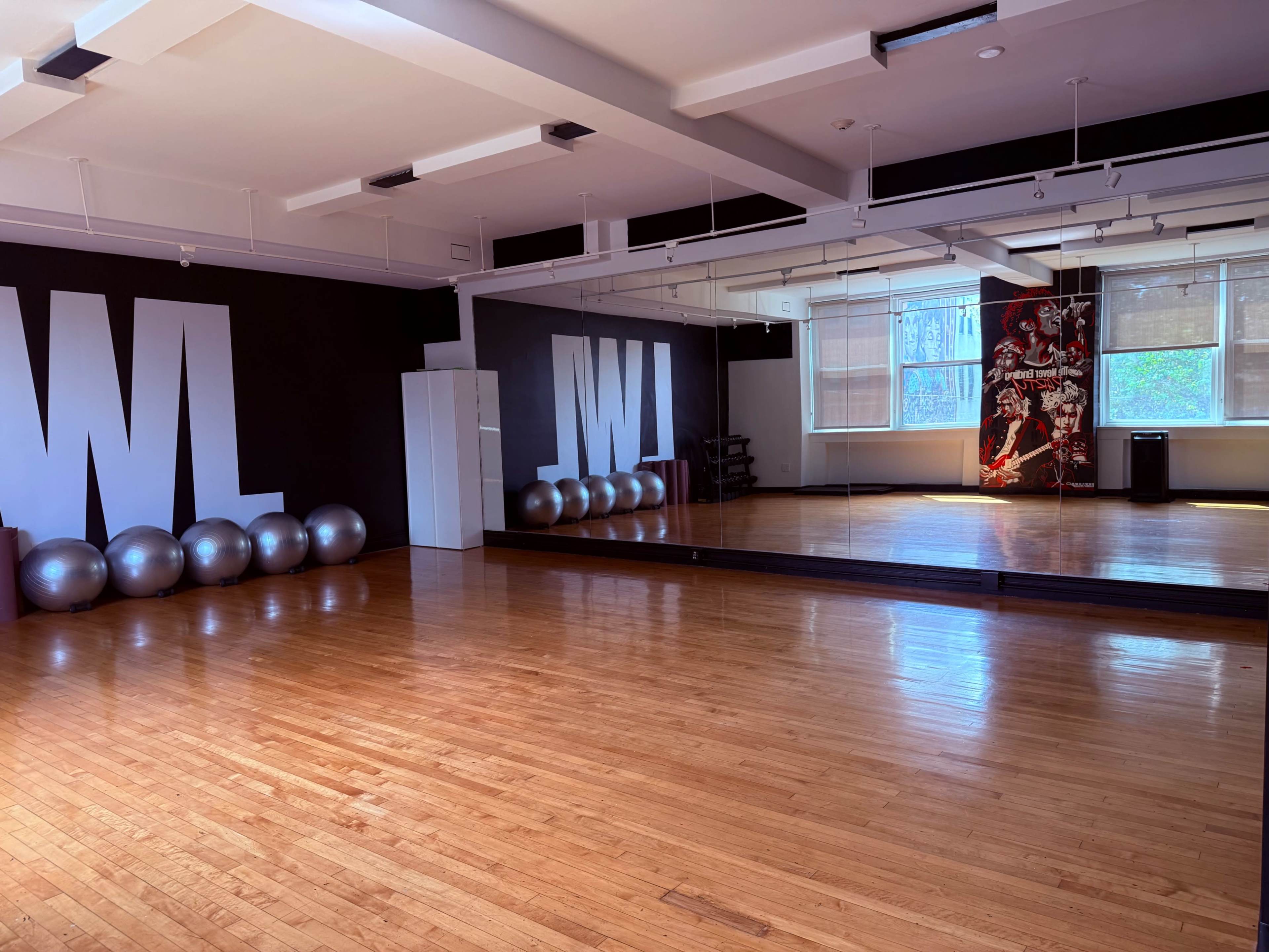 The image shows a spacious fitness studio with wooden flooring, a mirrored wall, and several exercise balls lined up against a black wall featuring the letters "WL."