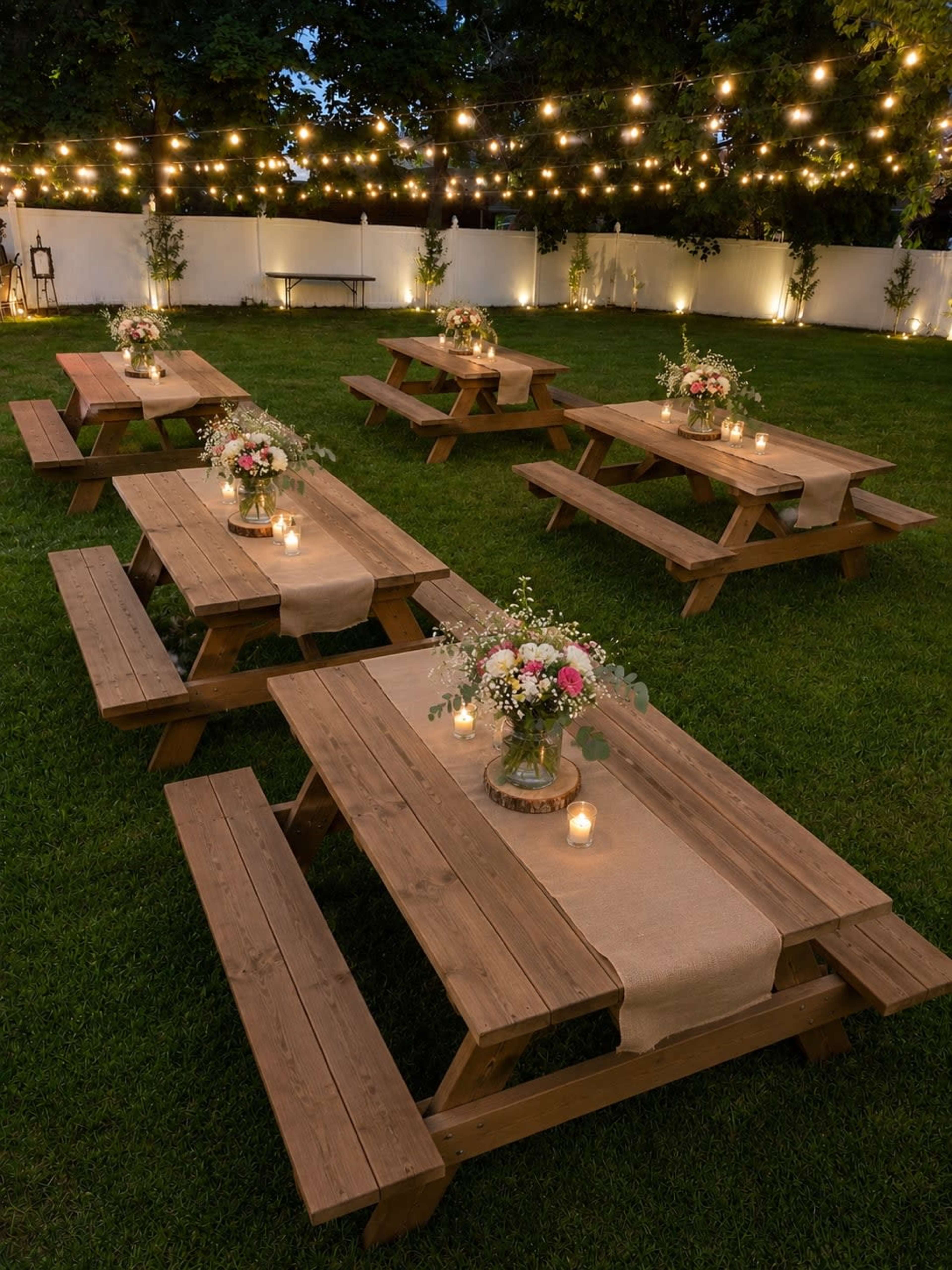 A rustic outdoor setting features several wooden picnic tables arranged on grass, adorned with floral centerpieces and soft candlelight under string lights.