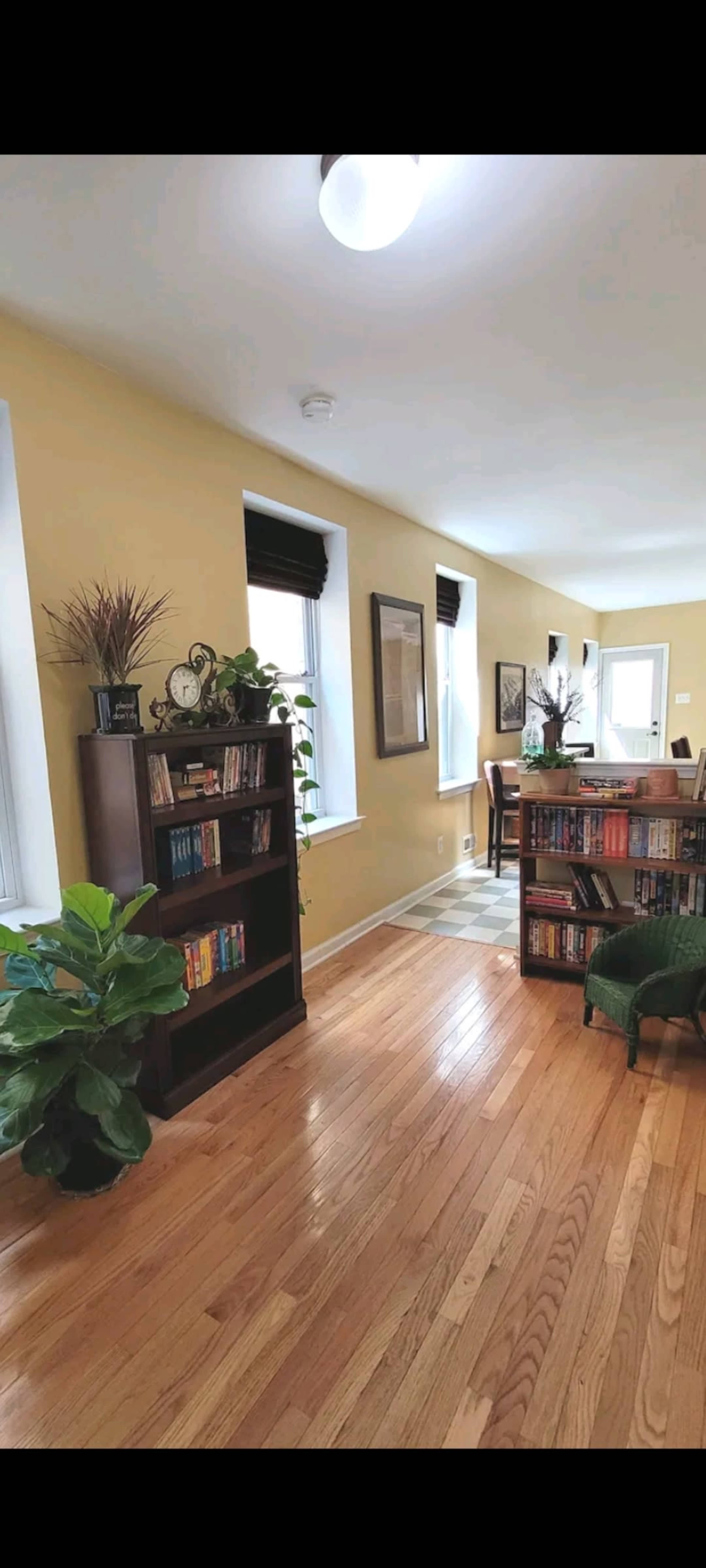 A well-lit room features a wooden floor, two bookshelves filled with books, green plants, and windows with blinds.