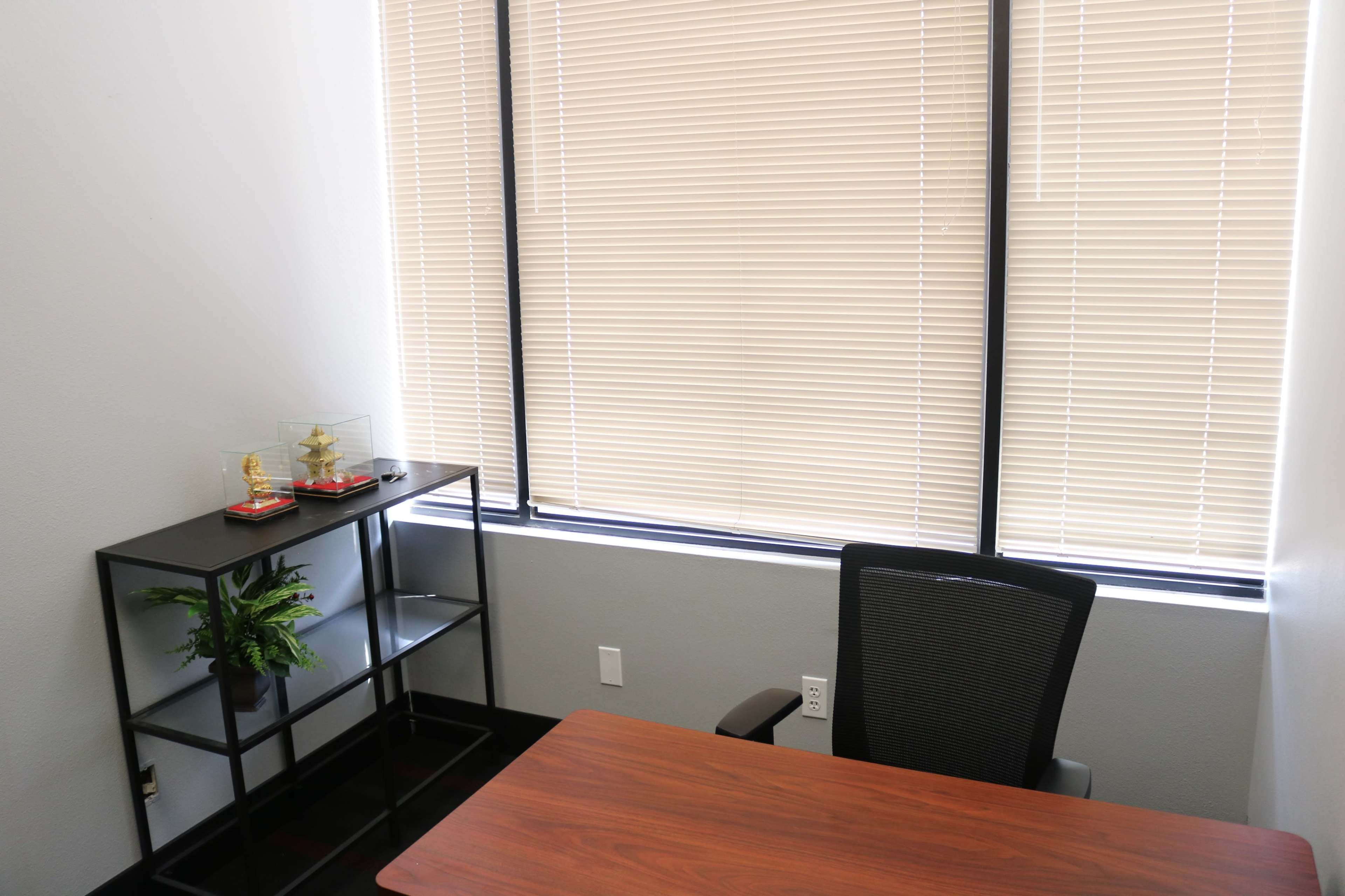 The image shows a small office space featuring a wooden desk, a black chair, and a bookshelf with a small plant and decorative items near a window with horizontal blinds.