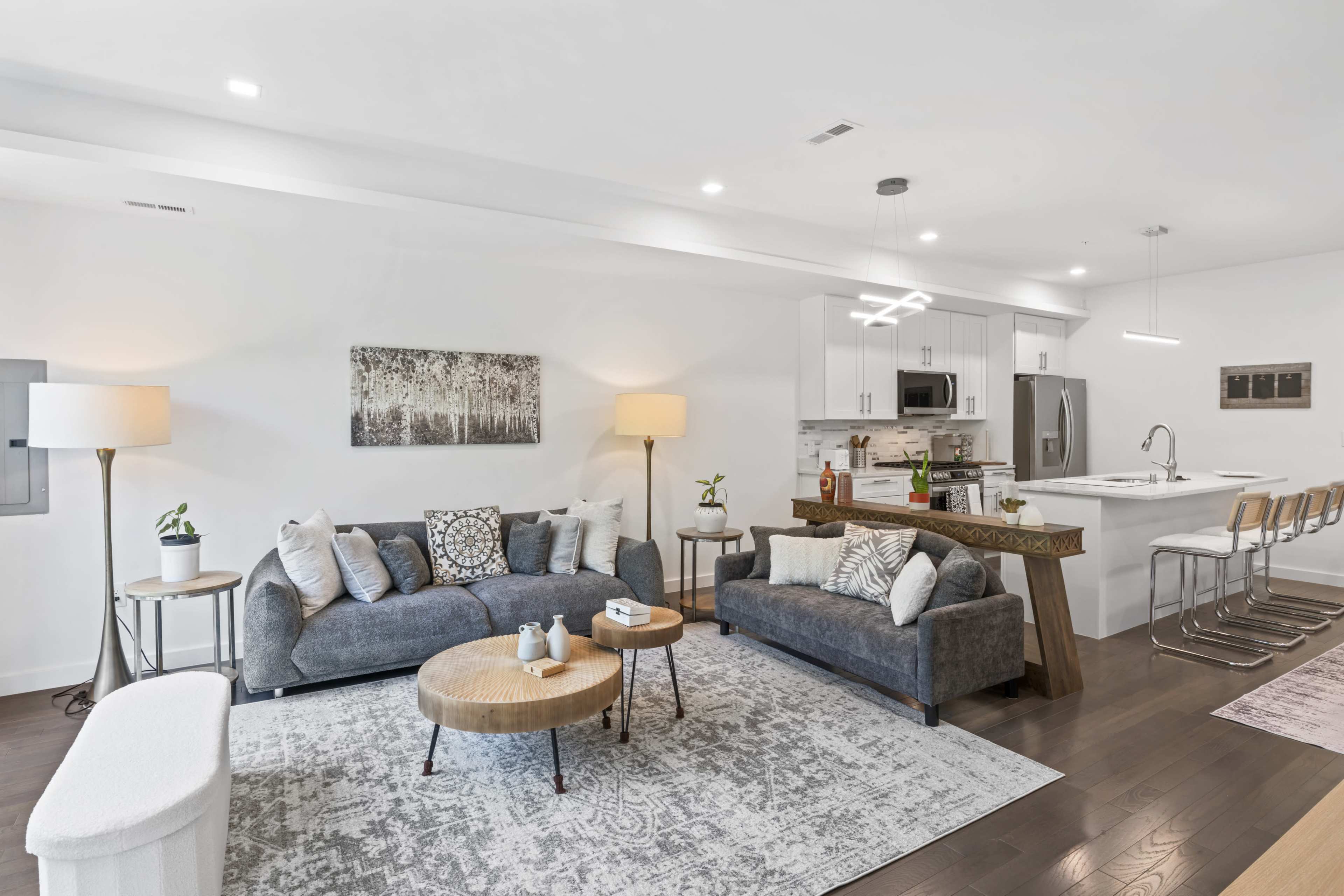 Fully furnished 3-bedroom apartment ideal for filming. Features stylish modern decor, natural light, spacious living areas, and a functional kitchen. Versatile layout perfect for a variety of scenes. Ready for cast and crew use. Image in Northeast Washington, Washington, DC