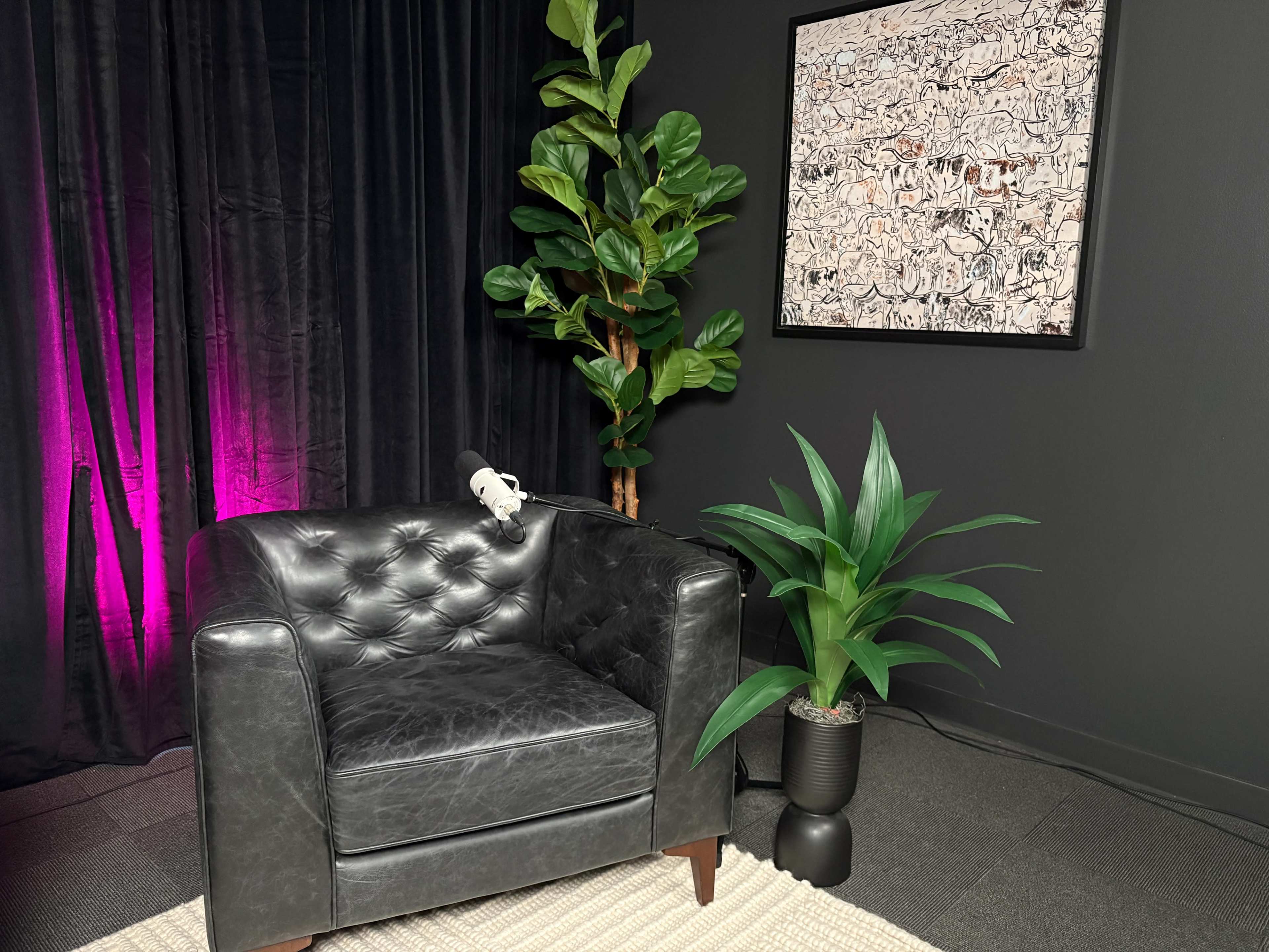 The image shows a black leather armchair next to a potted plant and a piece of abstract artwork hanging on the wall.